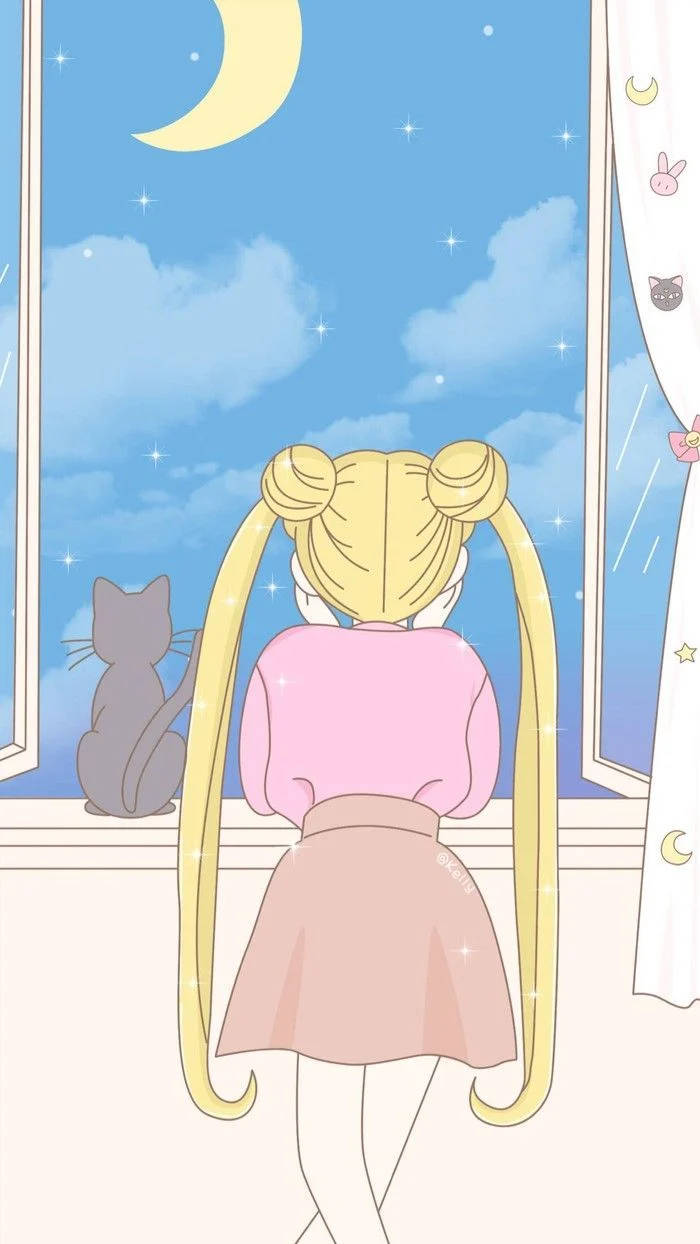 動漫女孩與貓咪透過窗戶看月亮和星星