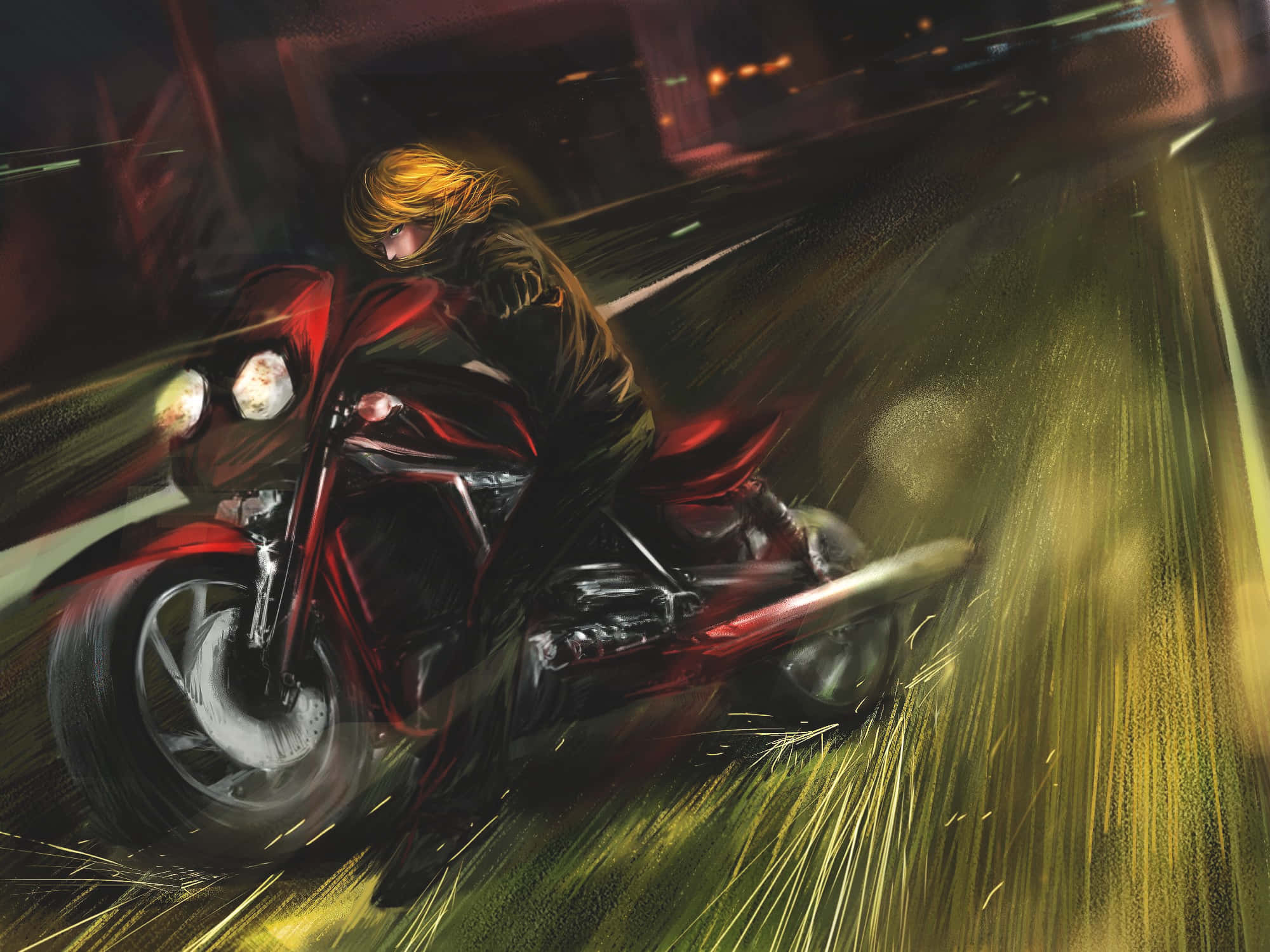 Death Note Wedy 桌布 壁紙 — 一位金髮騎士在夜間騎著紅色機車，在霓虹燈閃爍的街道上傾身過急彎。