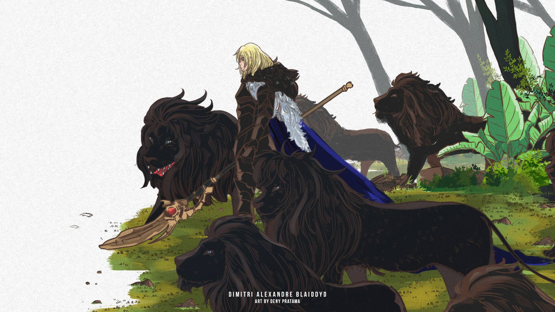 Fire Emblem Three Houses 桌布 壁紙 — 一位金髮騎士身穿暗色盔甲，騎著一頭黑獅穿過迷霧森林，附近還有其他獅子。