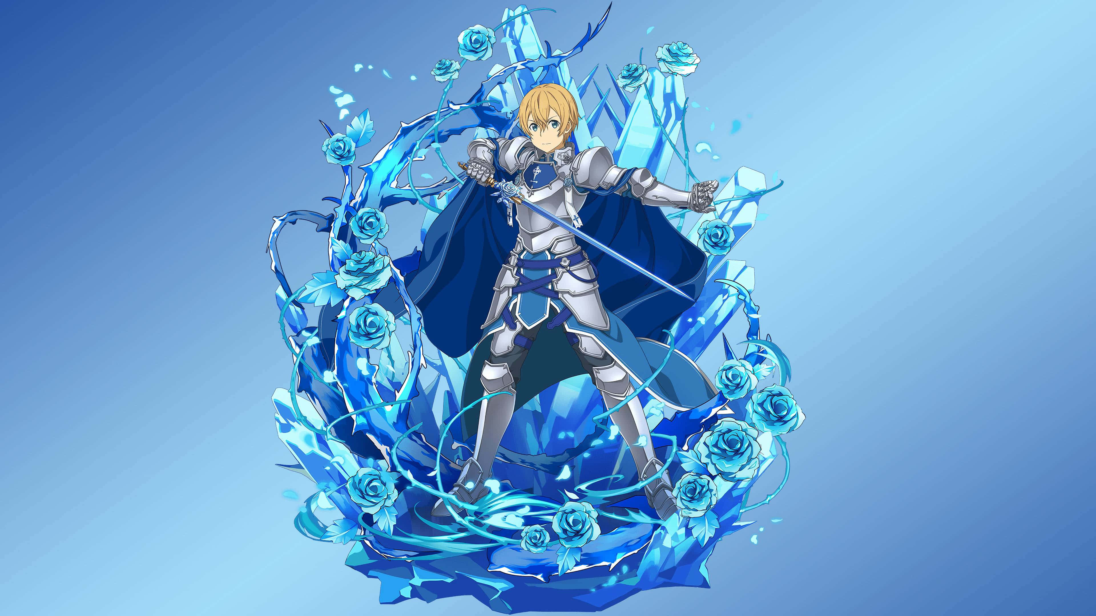Sword Art Online Eugeo 桌布 壁紙 — 一位金髮騎士身穿銀色盔甲，在藍色漸層背景中，於旋轉的藍色冰塊和玫瑰之間揮舞著劍。