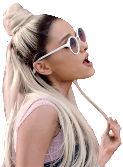 Ariana Grande Cute 桌布 壁紙 — 一位金髮高馬尾的女性戴著白色圓形太陽眼鏡和粉紅色上衣，向上看。