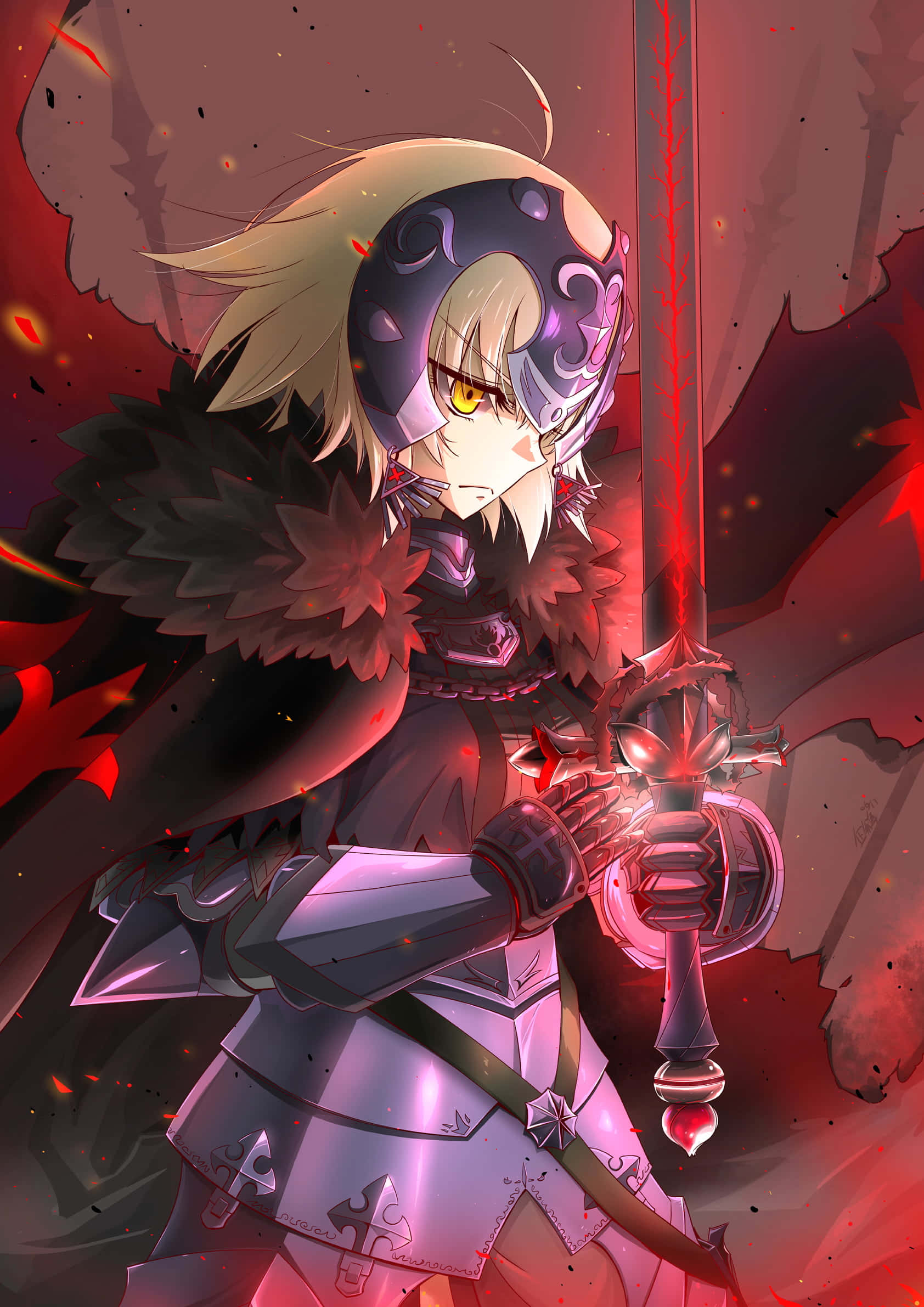 Fate/Grand Order 桌布 壁紙 — 一位金髮黃瞳的兇猛動漫騎士，在熾熱的深紅色背景下揮舞著發光的紅色劍。