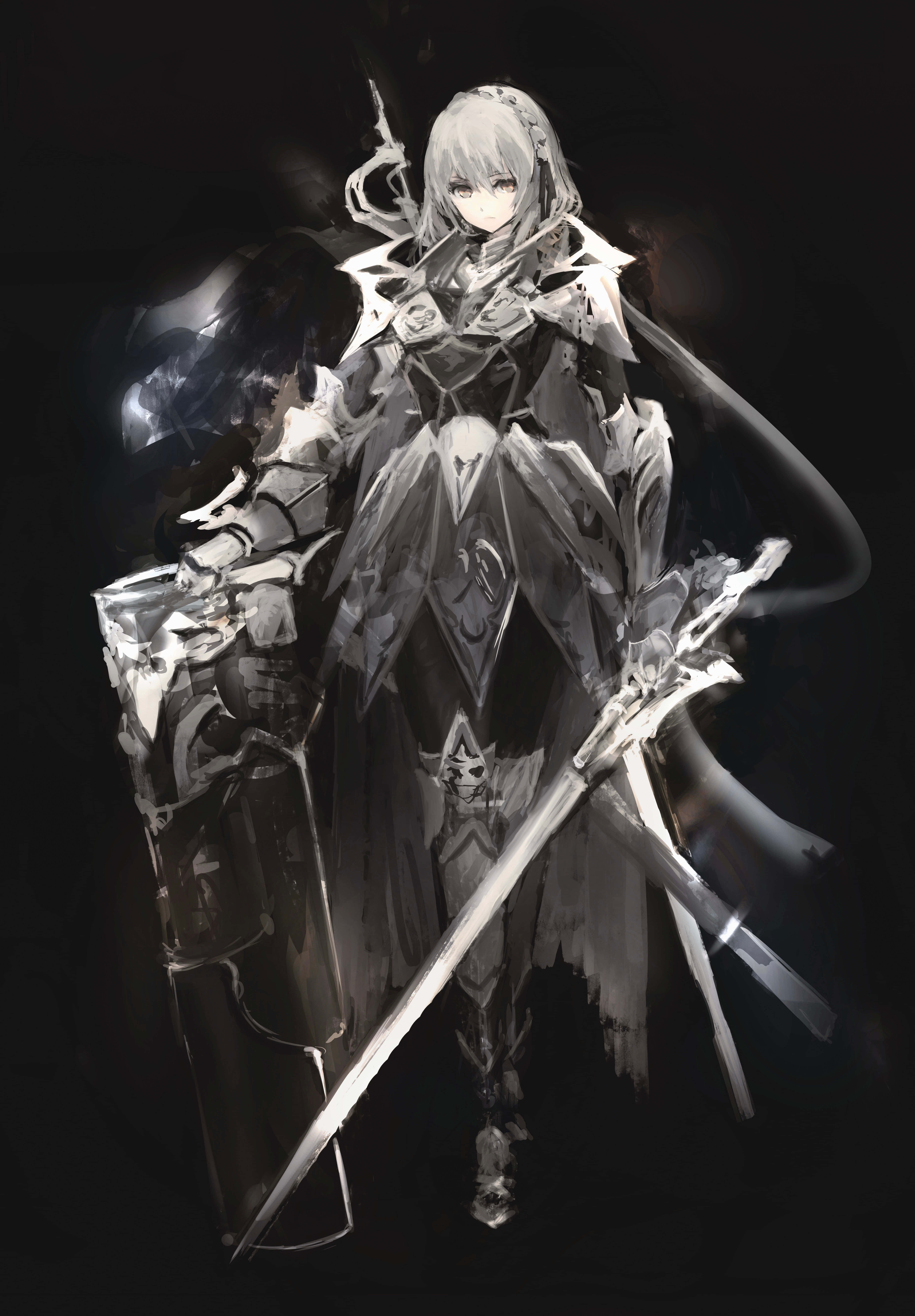 Anime White 桌布 壁紙 — 一位銀發動漫戰士身穿華麗盔甲，在黑暗背景中揮舞發光劍。