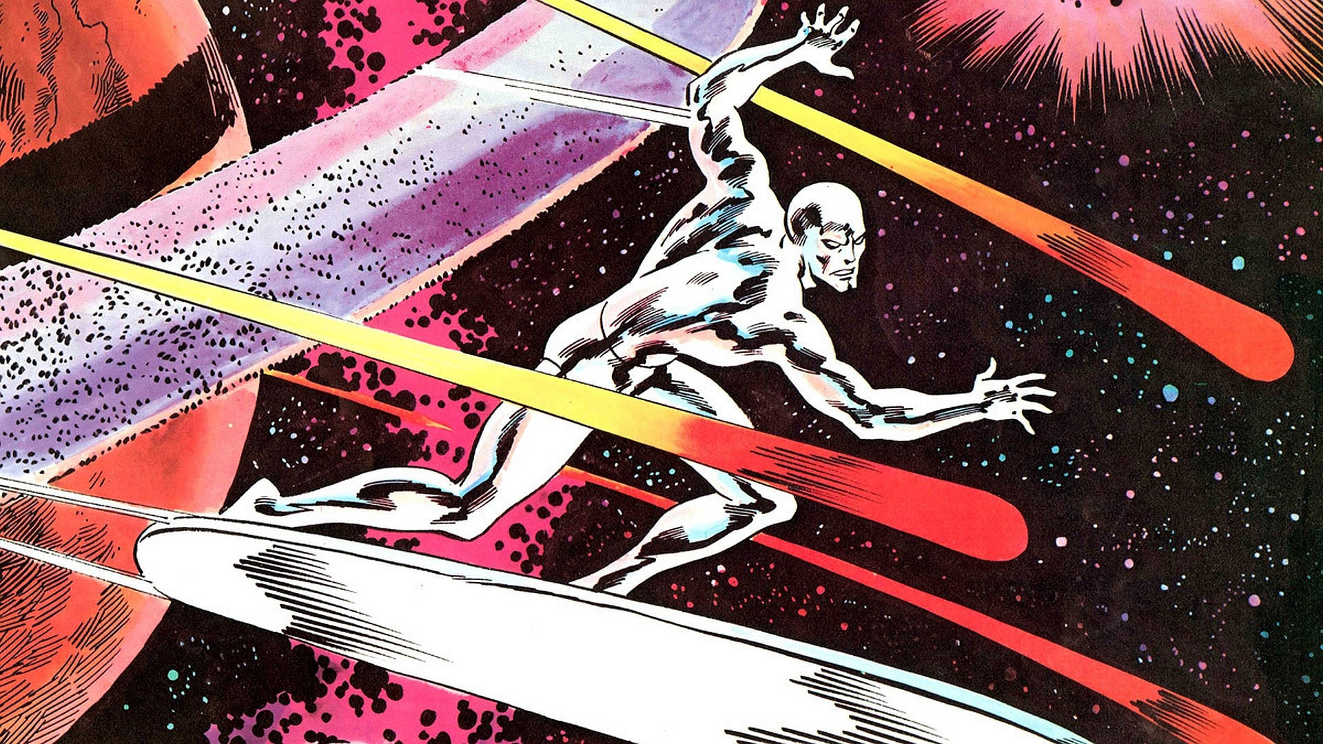HD superhero 桌布 壁紙 — 一位銀色皮膚的衝浪者乘著宇宙波浪穿越充滿星光的太空，其中夾雜著彩色光束和宇宙碎片。