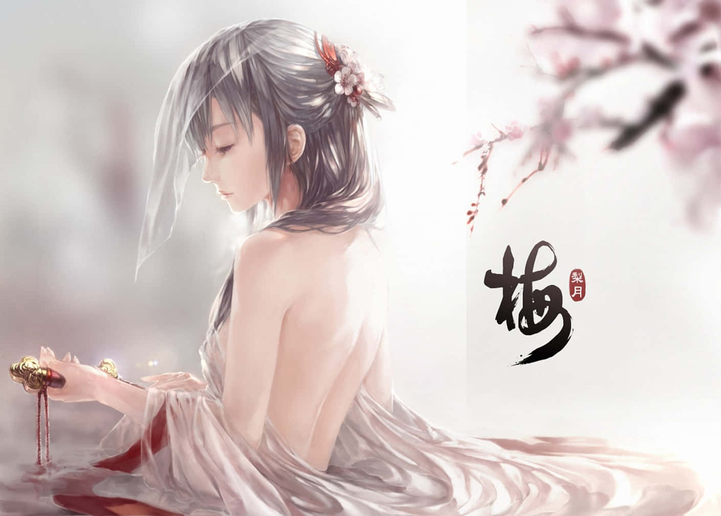 Beautiful Sad Anime 桌布 壁紙 — 一位銀色頭髮、戴著花卉髮夾的寧靜動漫女孩坐在浴缸中，手持一把滴著紅色液體的劍。