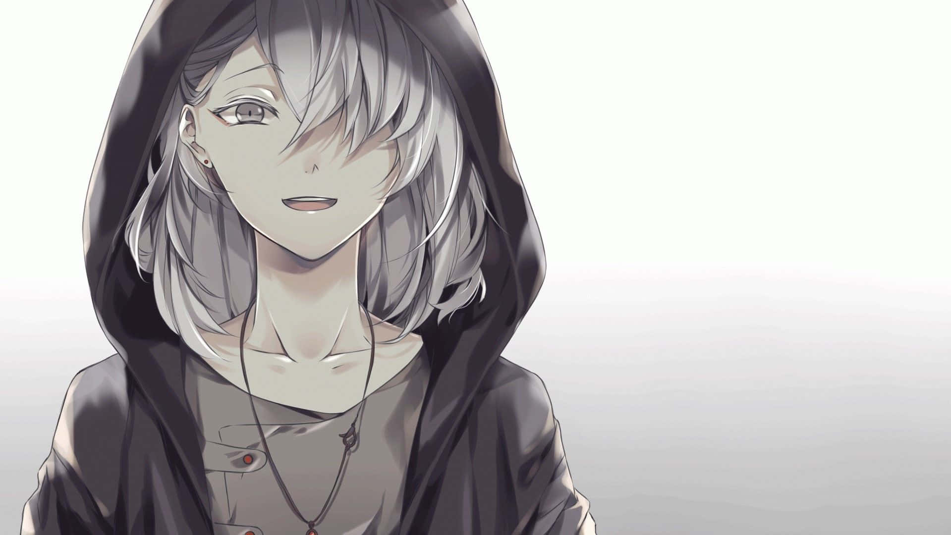 Cute Boy Anime 桌布 壁紙 — 一位銀色頭髮、穿著黑色連帽衫的寧靜動漫女孩，在極簡灰色背景上溫柔微笑。