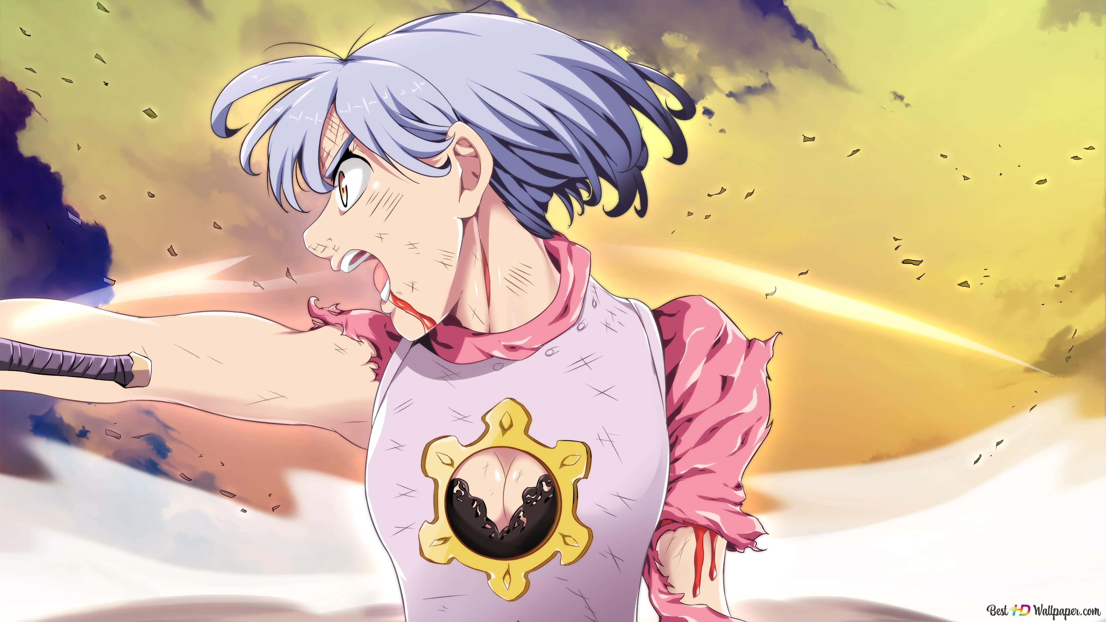 Seven Deadly Sins Jericho 桌布 壁紙 — 一位銀色頭髮、身穿粉紅色長袍的動漫戰士，在金色天空下以動態戰鬥姿勢向前衝刺。