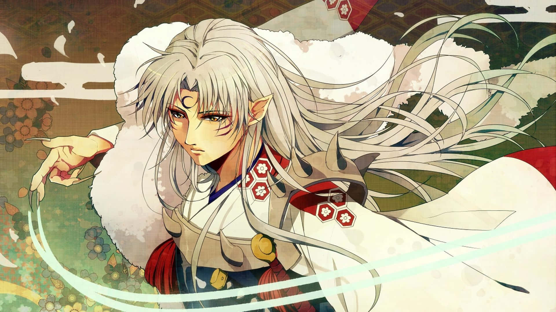 Sesshomaru 桌布 壁紙 — 一位銀髮、尖耳、身穿傳統長袍的動漫戰士，站在花卉圖案背景前。