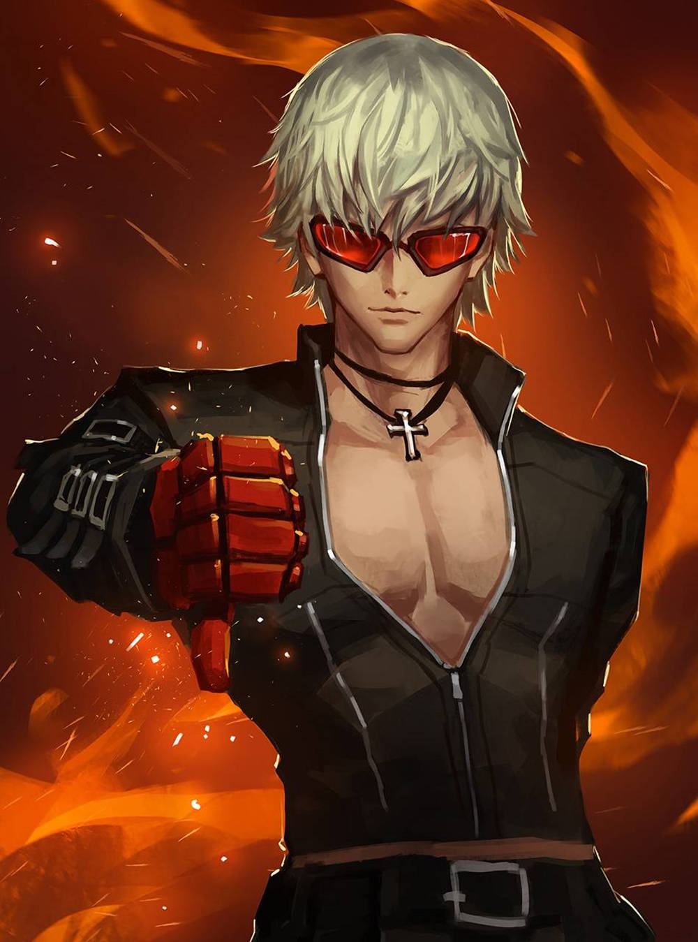 heroes 桌布 壁紙 — 一位銀髮、戴紅色護目鏡、穿黑色外套的動漫戰士，在熾熱的橙色背景前擺出戴紅色手套的拳頭姿勢。