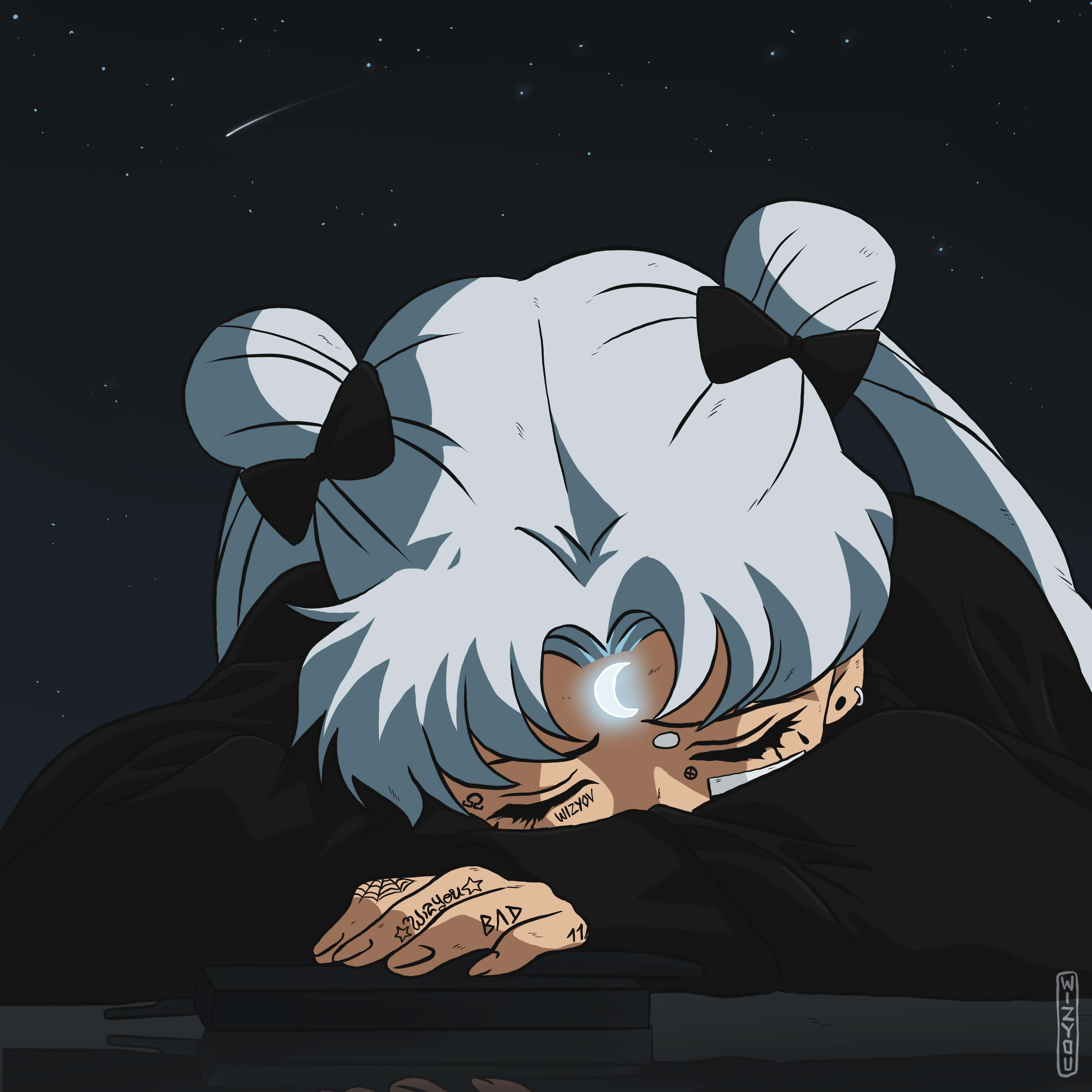 Aesthetic Anime Pfp 桌布 壁紙 — 一位銀髮、戴黑色蝴蝶結的動漫女孩，在流星劃過的星空下，將頭枕在手臂上休息。