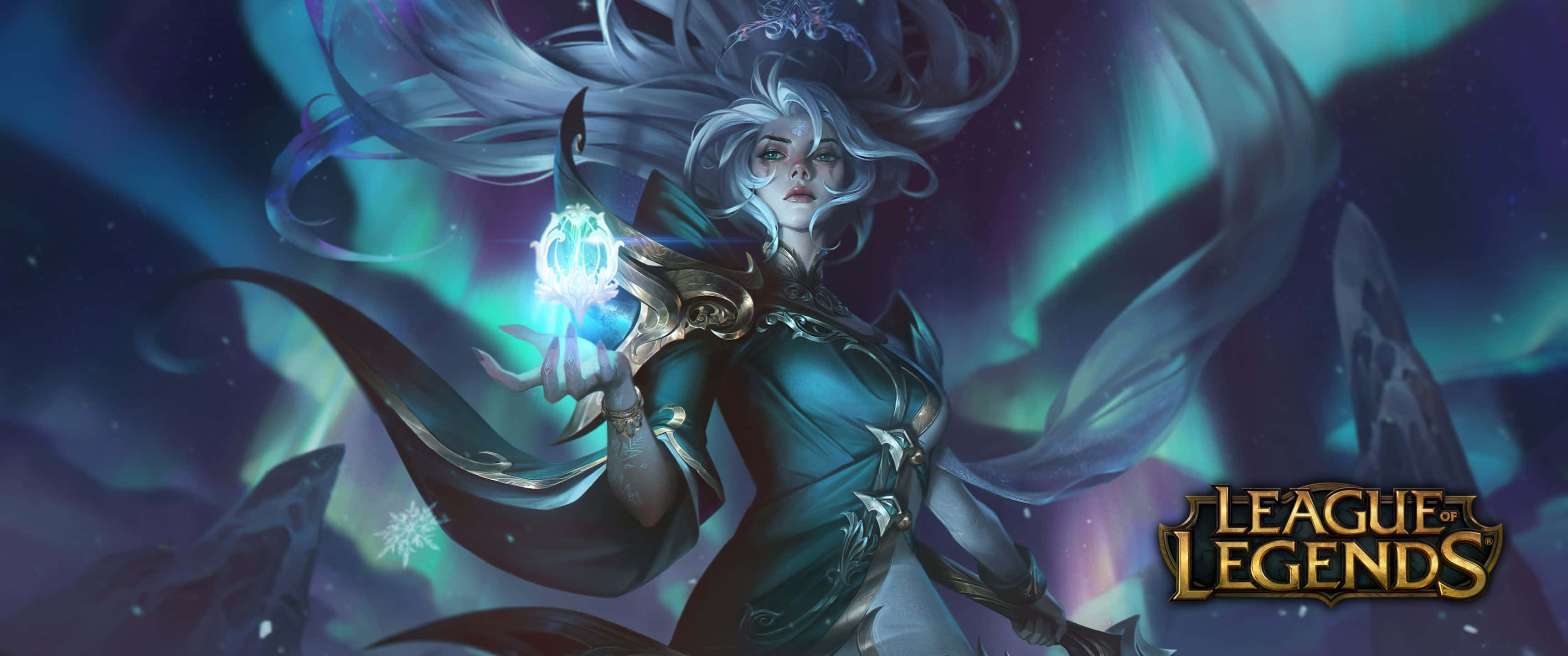 character design 桌布 壁紙 — 一位銀髮、手持發光藍色球體的奇幻戰士，站在宇宙極光背景前。