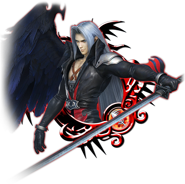 Sephiroth 桌布 壁紙 — 一位銀髮、擁有黑色翅膀的動漫戰士，在黑暗背景中手持發光的紅色劍。