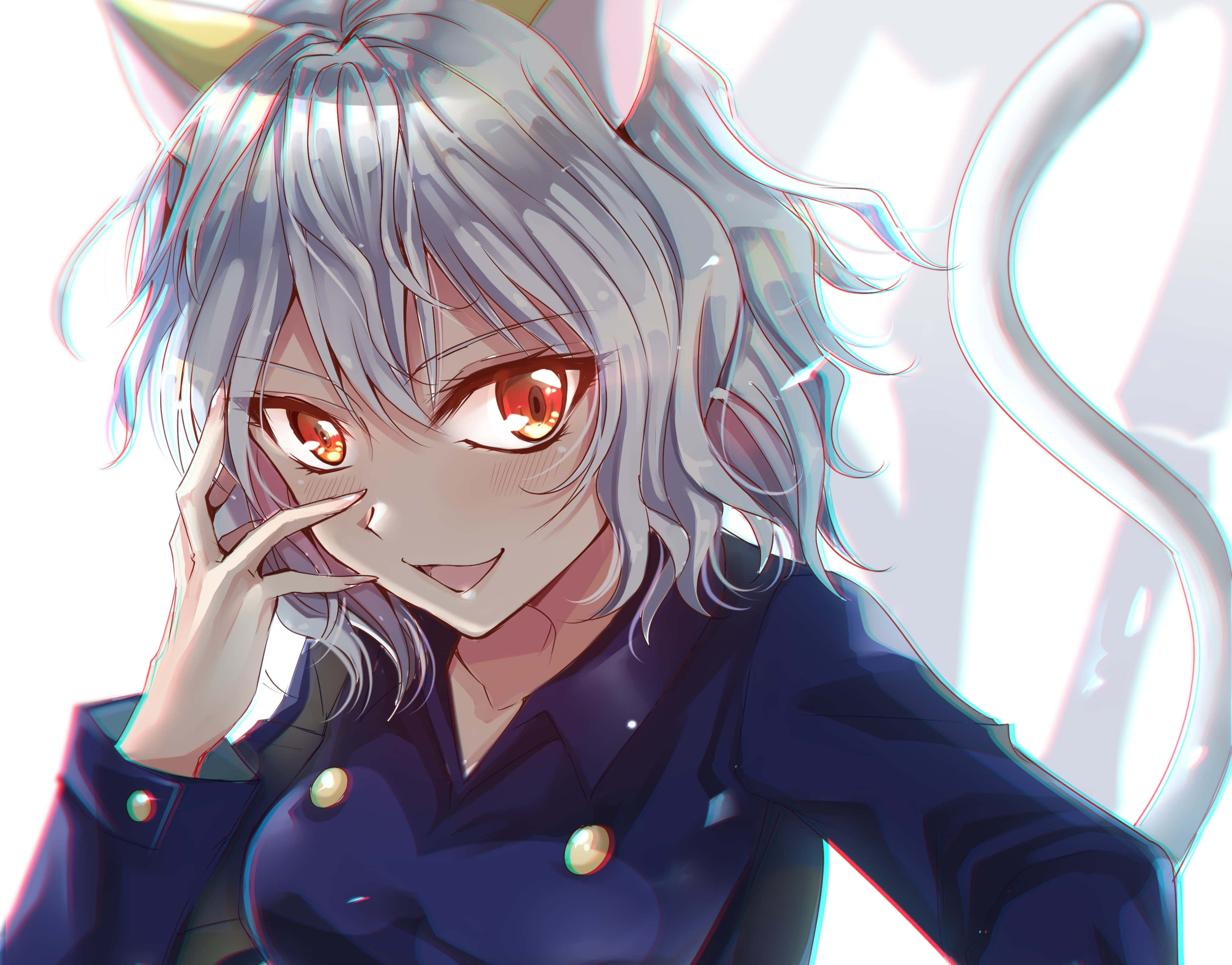 Neferpitou 桌布 壁紙 — 一位銀髮、有貓耳和尾巴的動漫女孩，在風格化的數位插圖中微笑著觸摸臉頰。