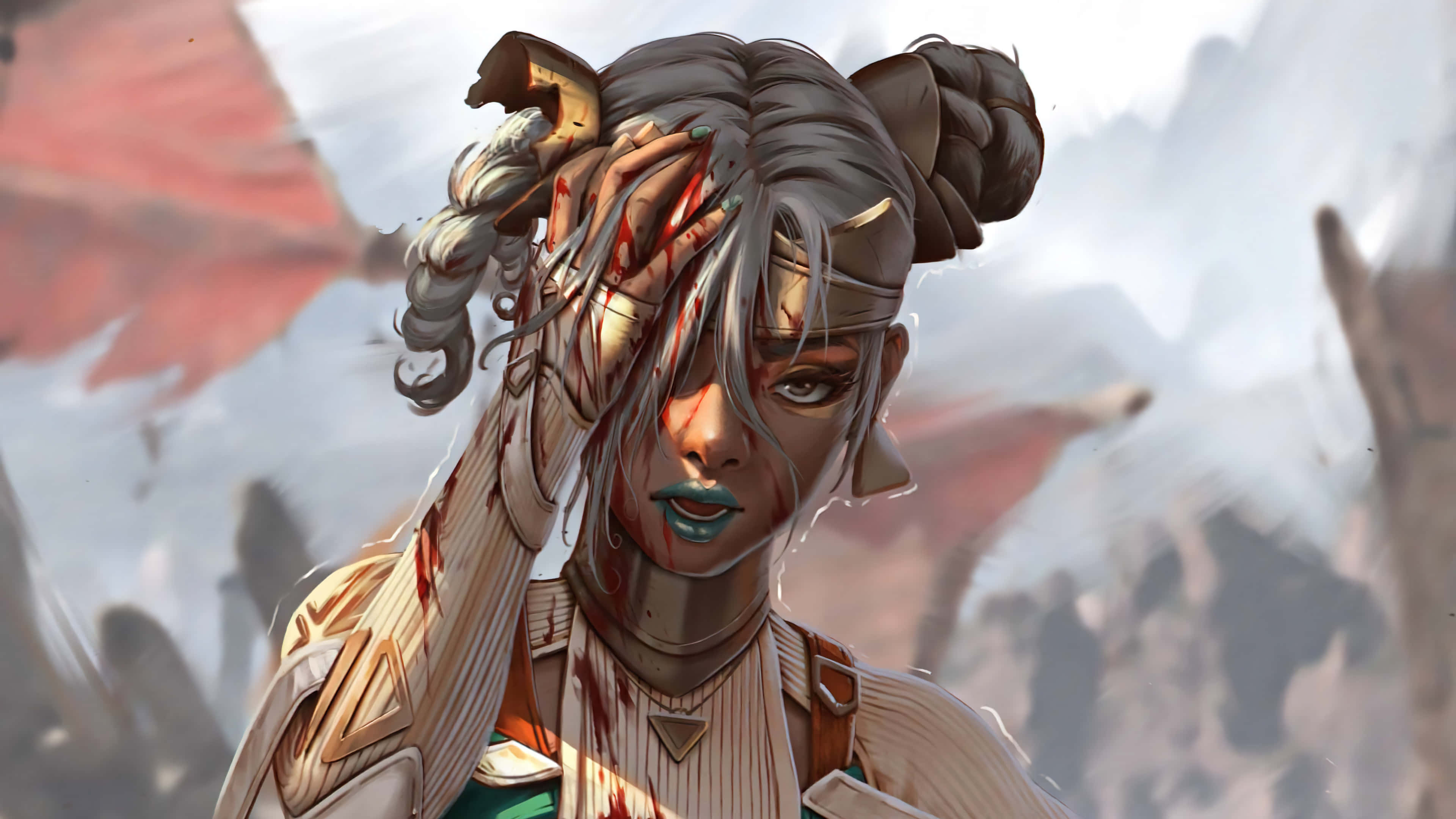 Apex Legends Characters 桌布 壁紙 — 一位銀髮、滿臉鮮血的女戰士在紅色天空下的山區戰場上抓著自己的頭。