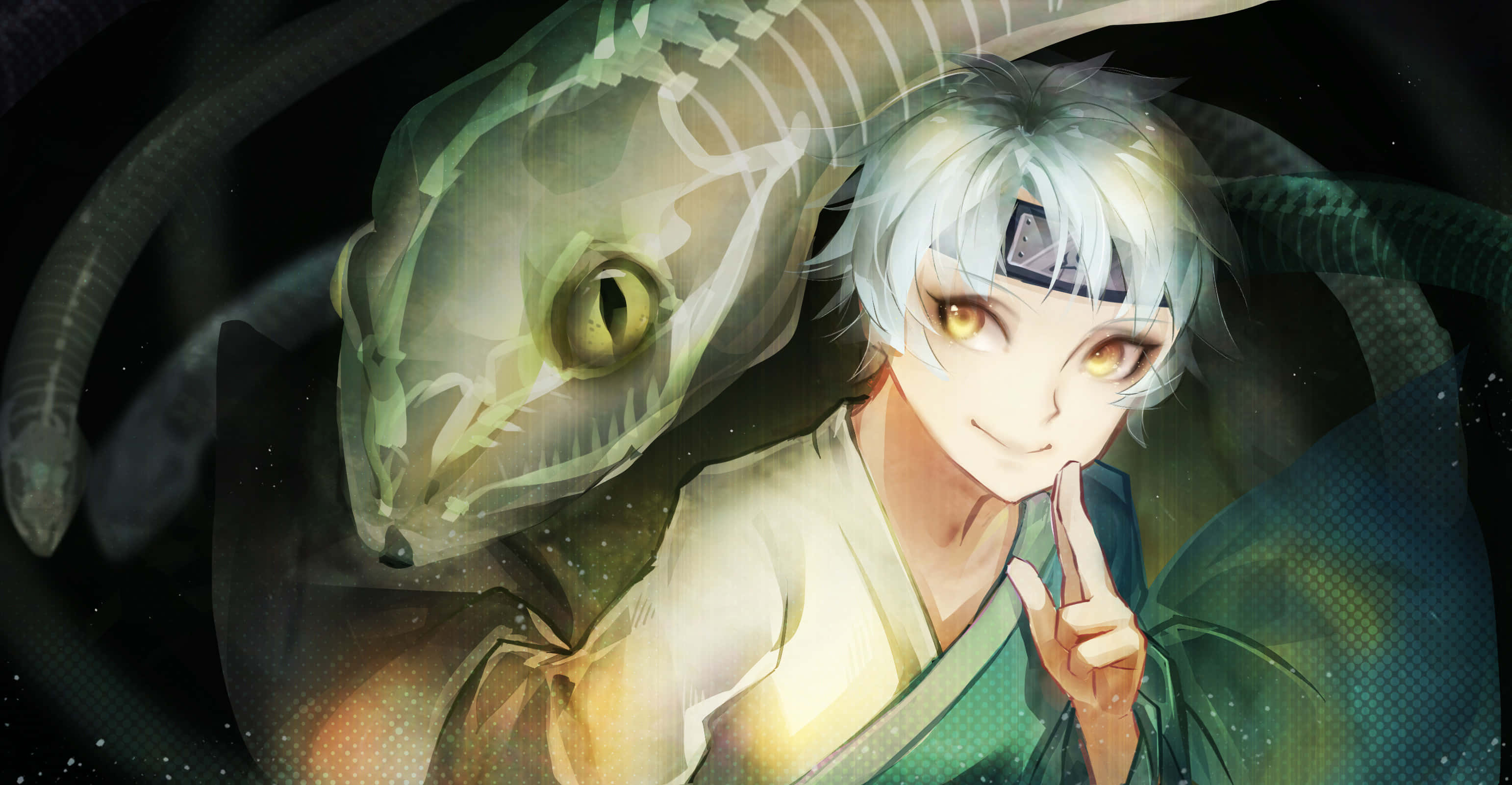 Mitsuki 桌布 壁紙 — 一位銀髮、眼睛發光的動漫女孩，在一個半透明的綠色蛇頭骨旁邊豎起一根手指並眨眼。