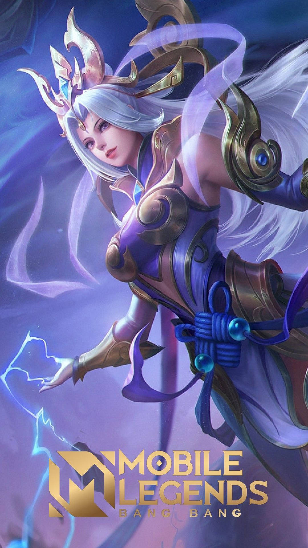 Mobile Legends 動態圖 桌布 壁紙 — 一位銀髮、身穿華麗盔甲的奇幻戰士，在發光的紫色背景下引導閃電。