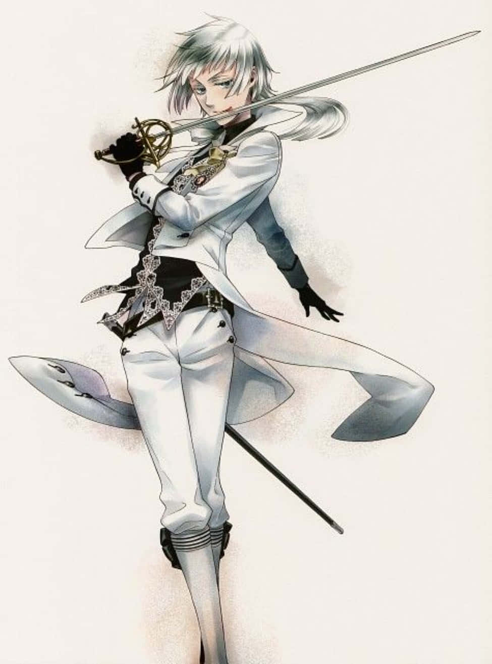Charles Grey 桌布 壁紙 — 一位銀髮動漫劍士身穿飄逸的白色外套，在純色背景下以堅定的目光握劍。
