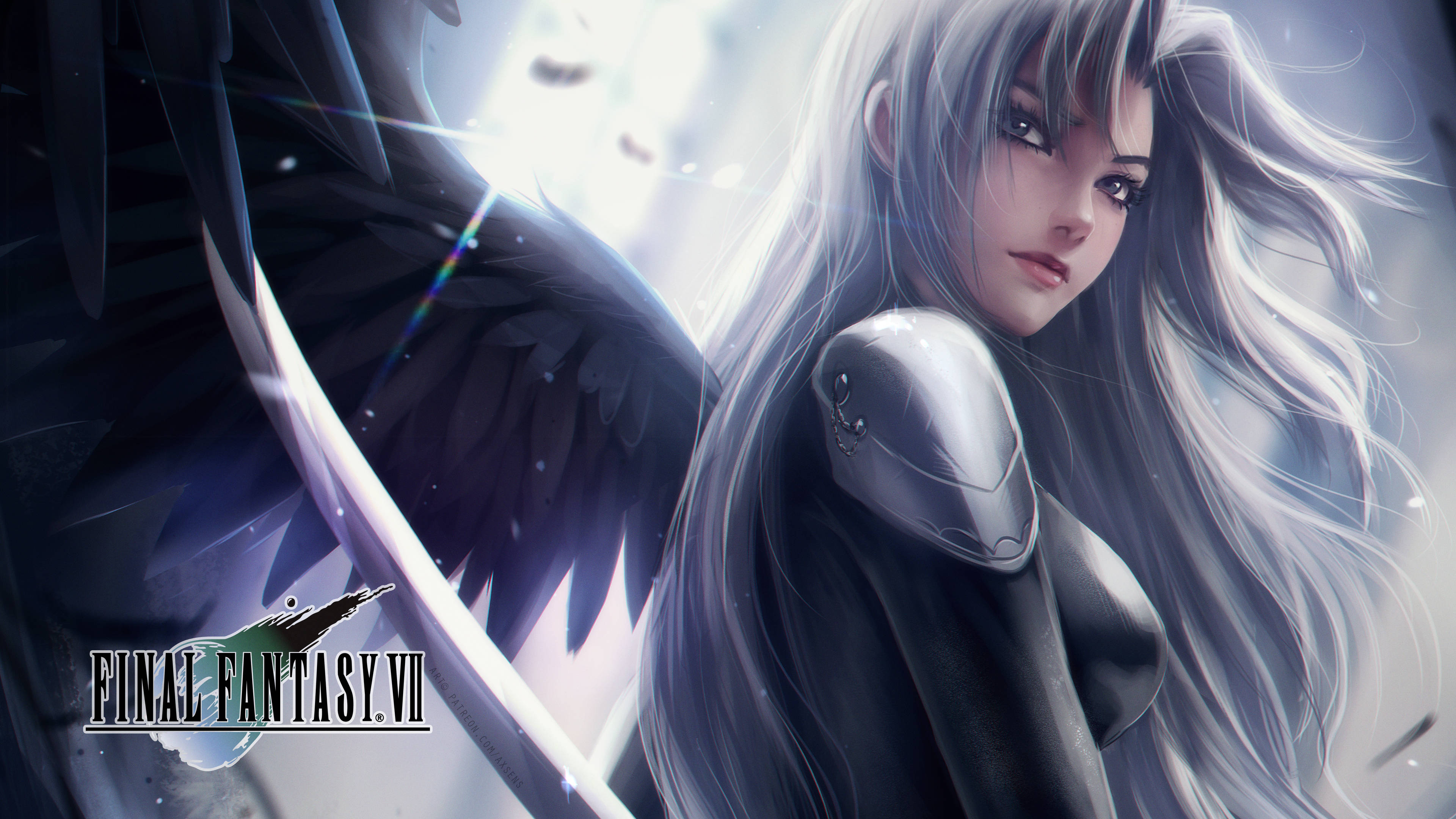 Sephiroth 桌布 壁紙 — 一位銀髮動漫天使，擁有暗色翅膀和發光的劍，站在耀眼的光芒中。