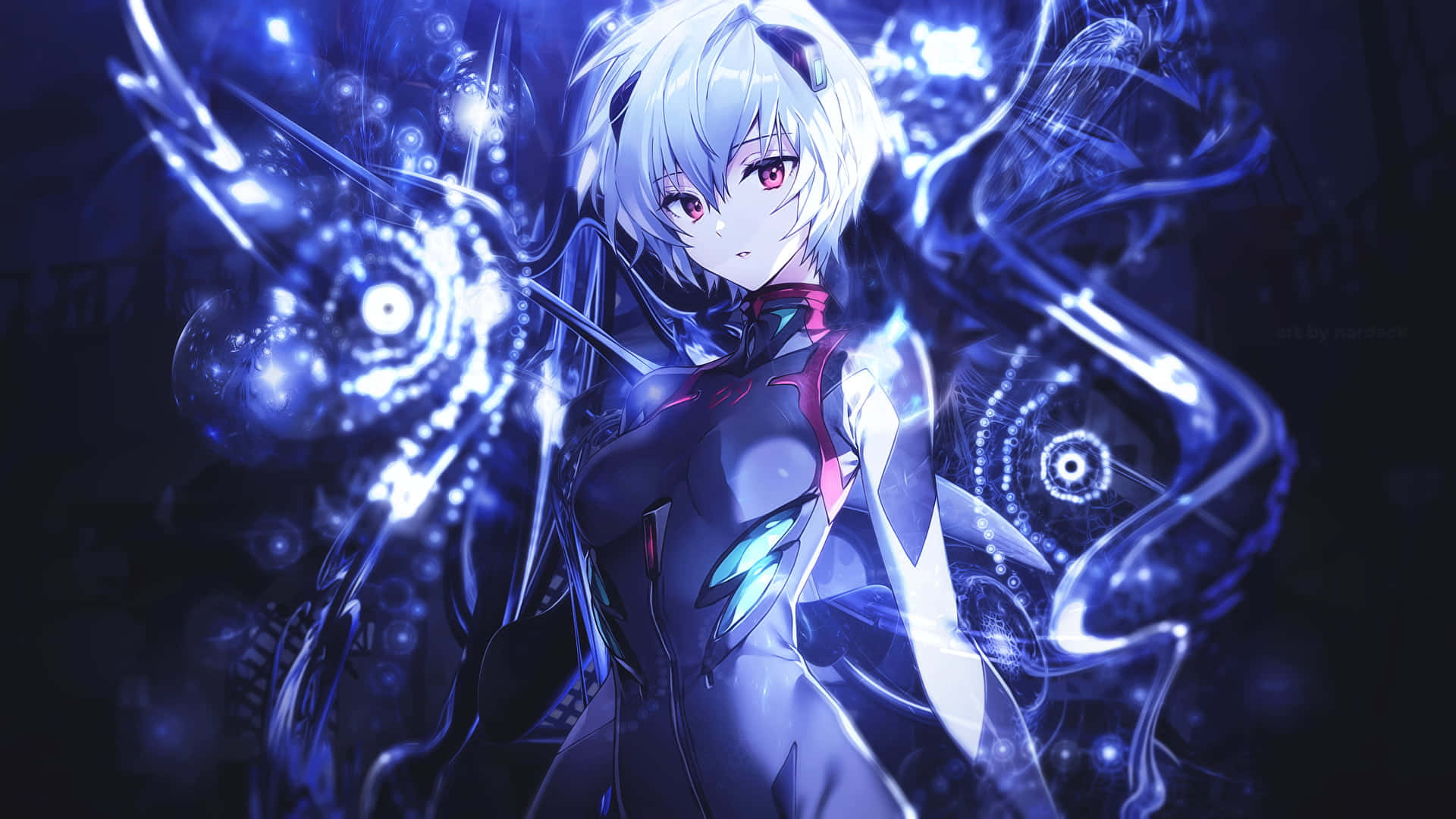 rei ayanami 桌布 壁紙 — 一位銀髮動漫女孩，帶有發光的藍色能量漩渦和機械翅膀，在黑暗的未來場景中散發力量。