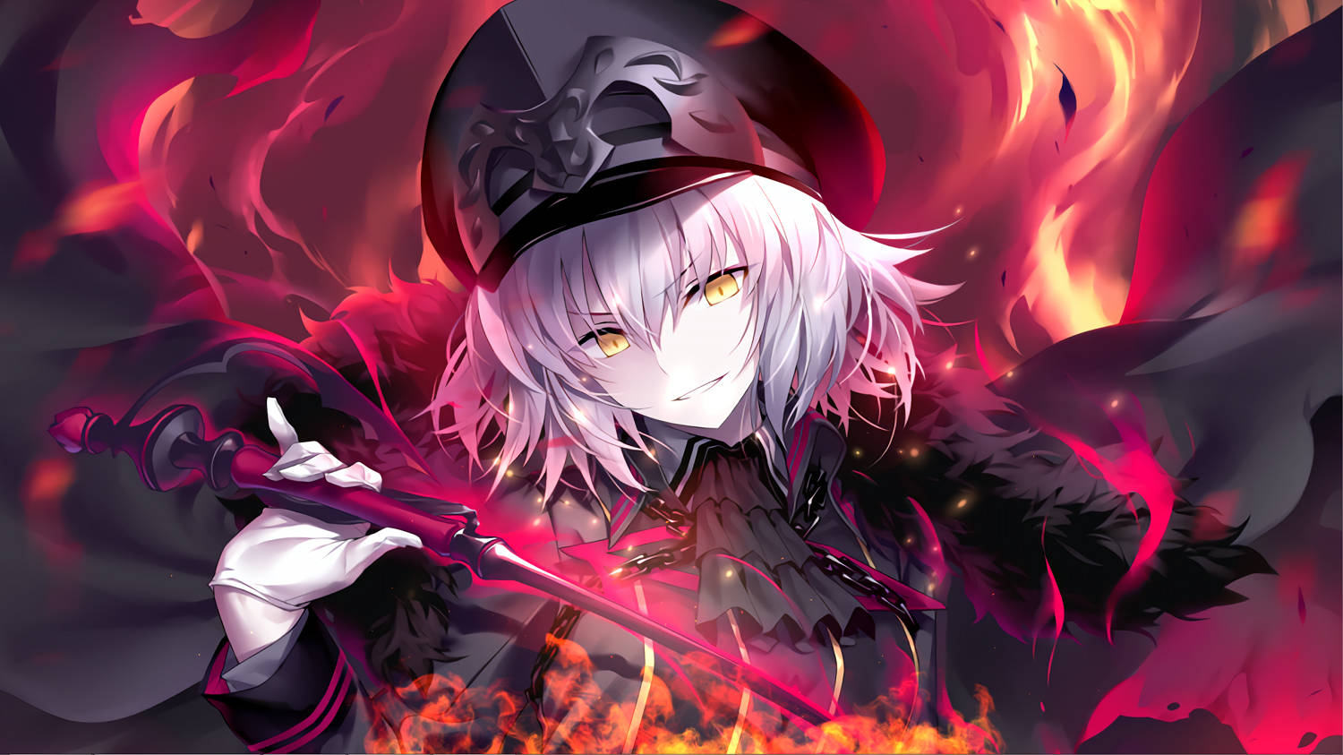 Fate/Grand Order 桌布 壁紙 — 一位銀髮動漫女孩，戴著黑色帽子和斗篷，在旋轉的火焰中揮舞著發光的紅色劍。