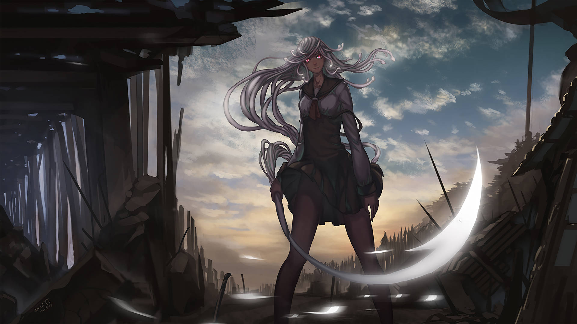 Monogatari 桌布 壁紙 — 一位銀髮動漫女孩在廢墟中揮舞著發光的彎月刀刃，背景是黃昏的天空。