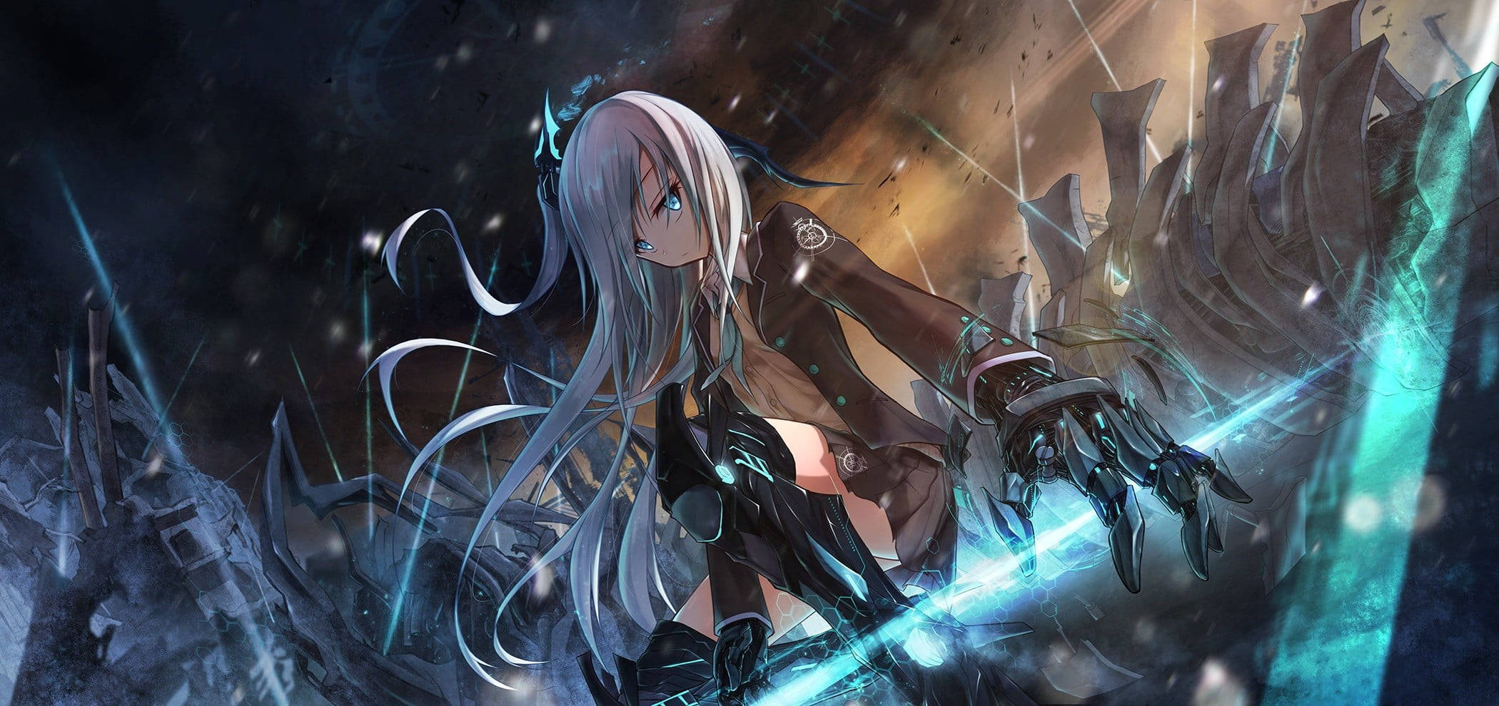 White Anime 桌布 壁紙 — 一位銀髮動漫女孩在黑暗暴風雨的天空下，於破碎的廢墟中揮舞著發光的藍色劍。
