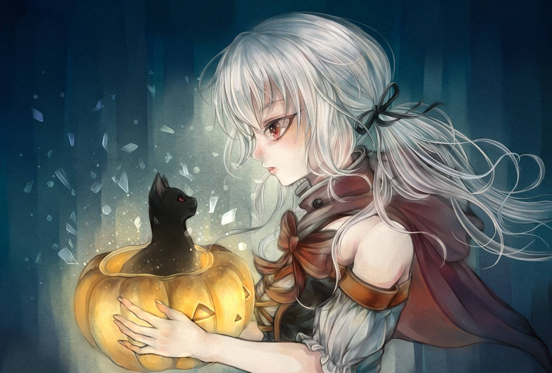 Anime Halloween 桌布 壁紙 — 一位銀髮動漫女孩懷抱著一個發光的南瓜燈，一隻黑貓從中探出頭來，背景是深藍色的森林。