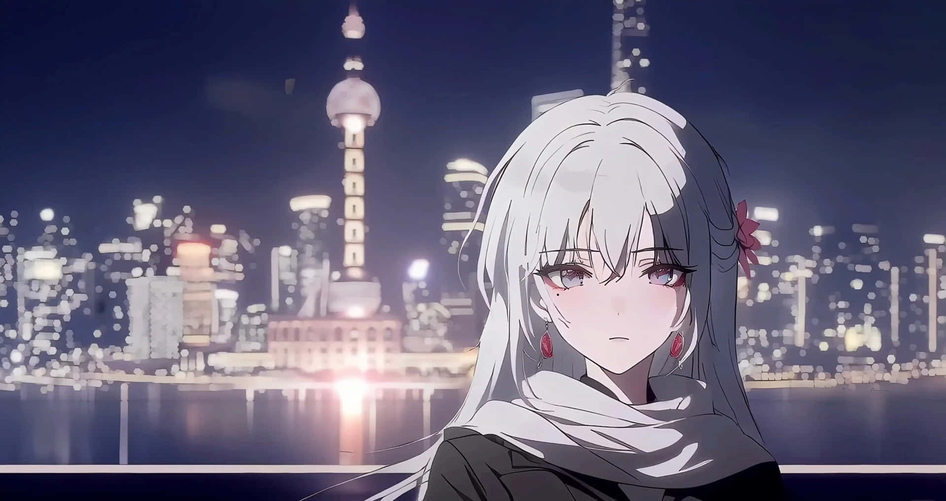 anime girl wallpaper /cute/4K 壁紙 — 一位銀髮動漫女孩戴著紅色耳環，站在夜晚閃耀的上海天際線前。