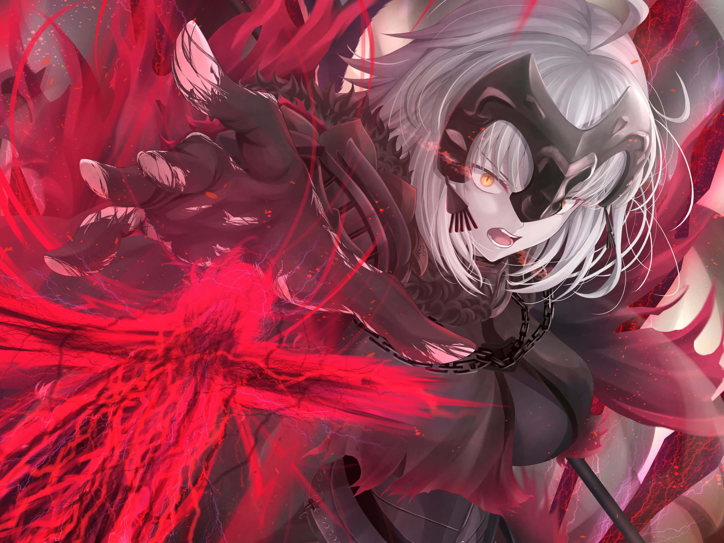 Fate/Grand Order 桌布 壁紙 — 一位銀髮動漫女孩戴著黑色面具，釋放出深紅色的能量，在動態的黑暗奇幻場景中。