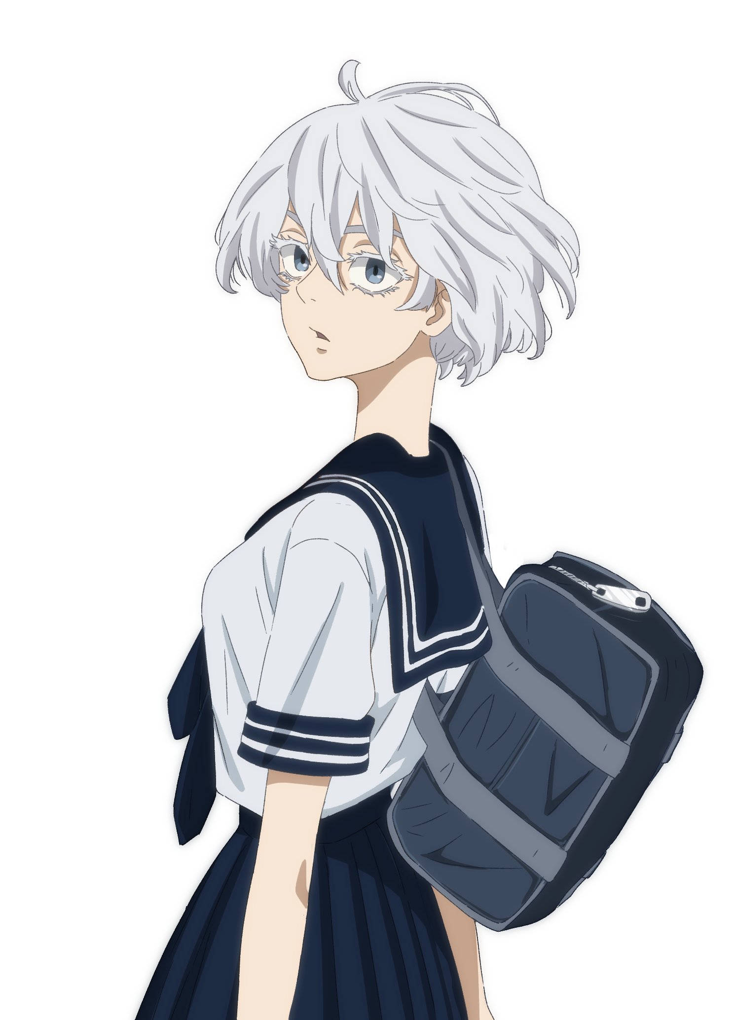 Kawaragi Senju 桌布 壁紙 — 一位銀髮動漫女孩穿著水手服，在純白背景前微微轉頭，背著一個深色背包。