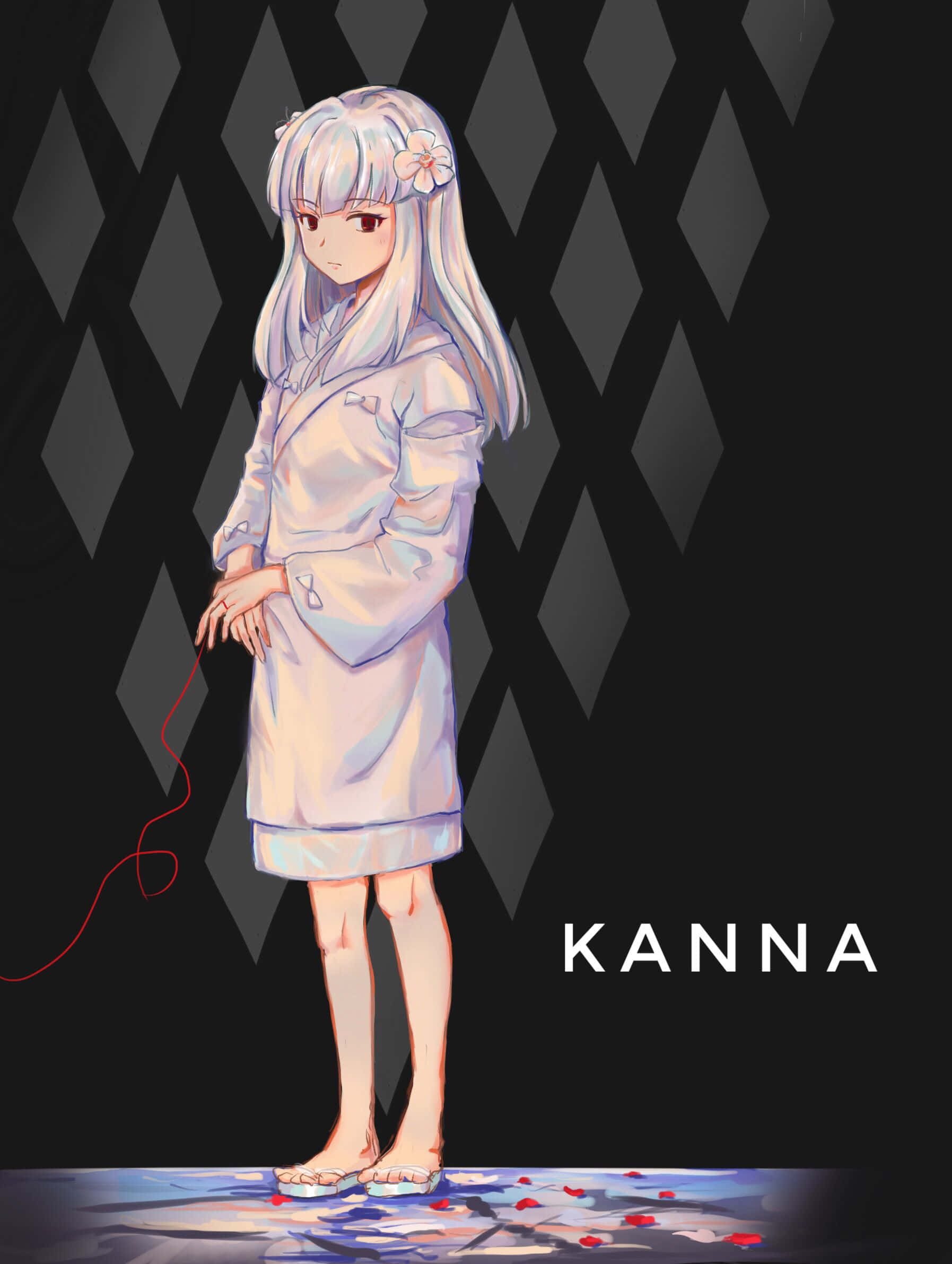 Inuyasha Kanna 桌布 壁紙 — 一位銀髮動漫女孩穿著淡色長袍，赤腳站在散落紅色花瓣的地板上，背景是深色菱形圖案的牆壁。