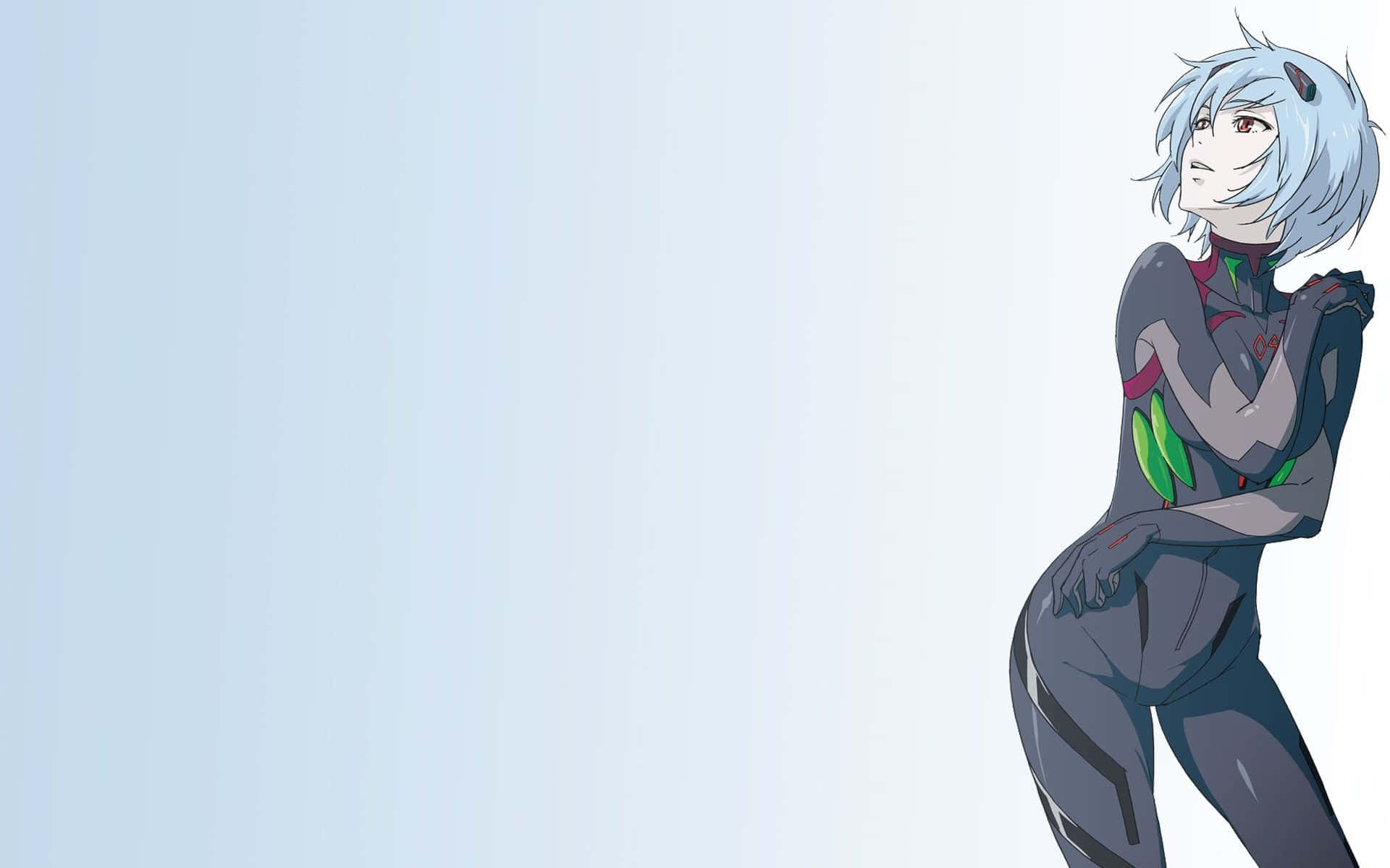 rei ayanami 桌布 壁紙 — 一位銀髮動漫女孩穿著深灰綠色緊身衣，自信地站在柔和的漸變藍色背景前。