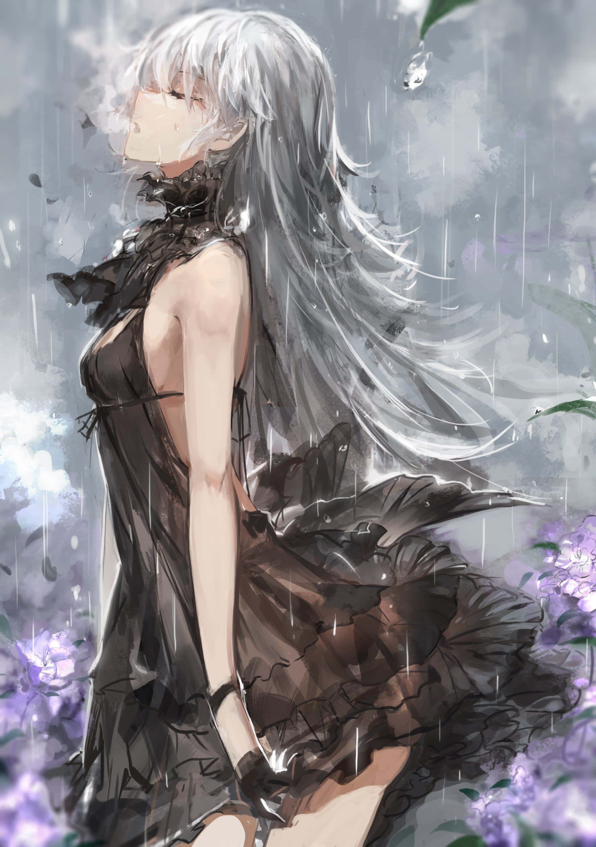 Gothic Costumes 桌布 壁紙 — 一位銀髮動漫女孩穿著深色連衣裙，帶著憂鬱的表情站在雨中，周圍環繞著紫色花朵。