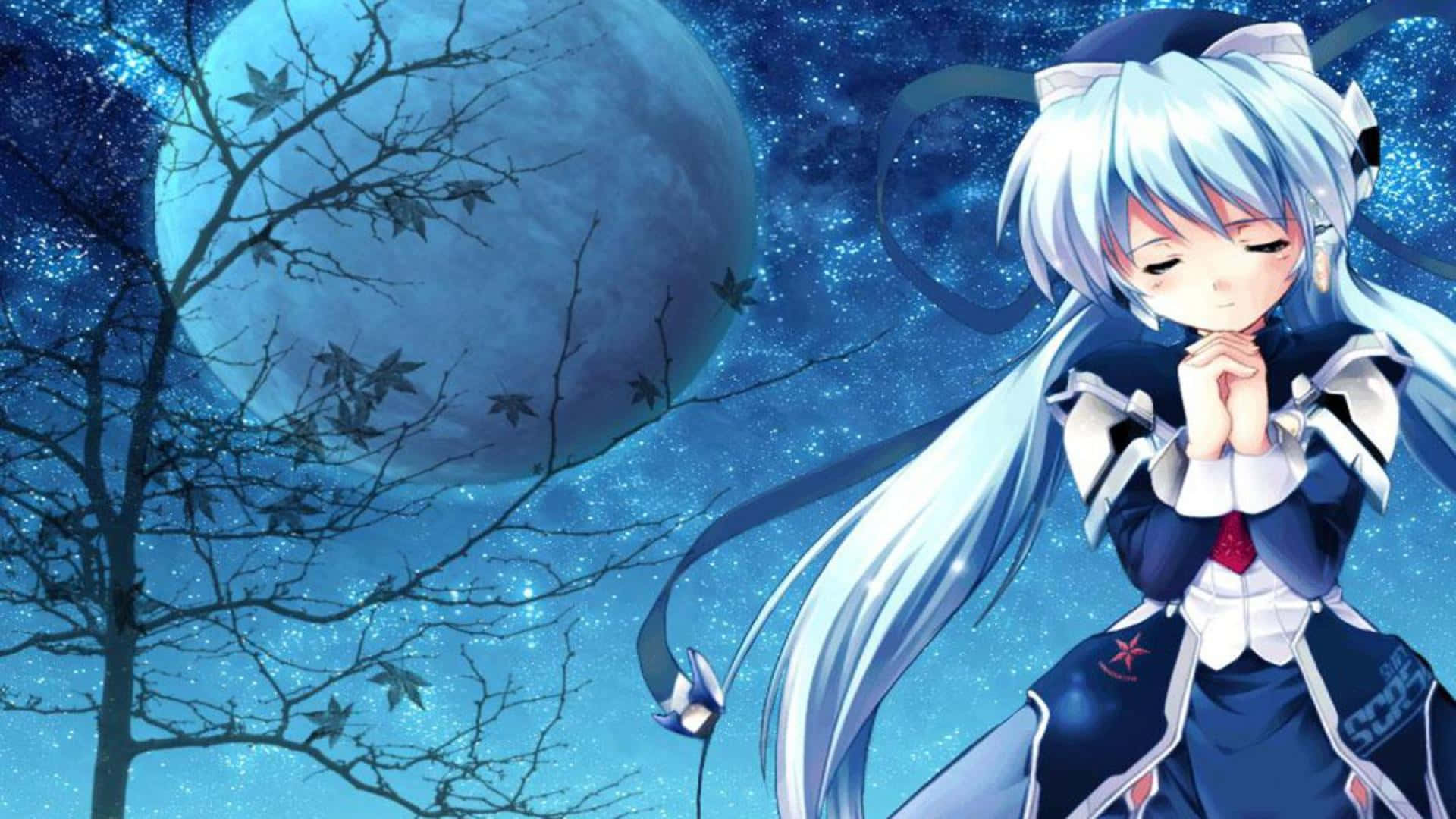 Beautiful Sad Anime 桌布 壁紙 — 一位銀髮動漫女孩穿著深藍色服裝，在巨大的月亮下祈禱，周圍有光禿的樹木和落葉。
