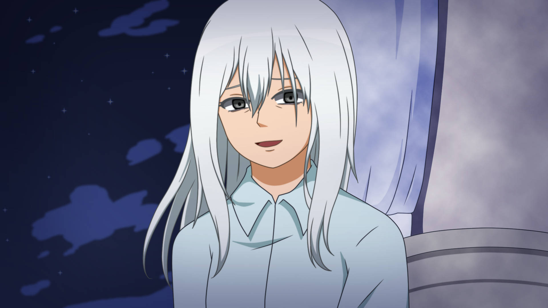 todoroki family 桌布 壁紙 — 一位銀髮動漫女孩穿著淺藍色襯衫，在星空夜空下平靜地凝視著觀眾。