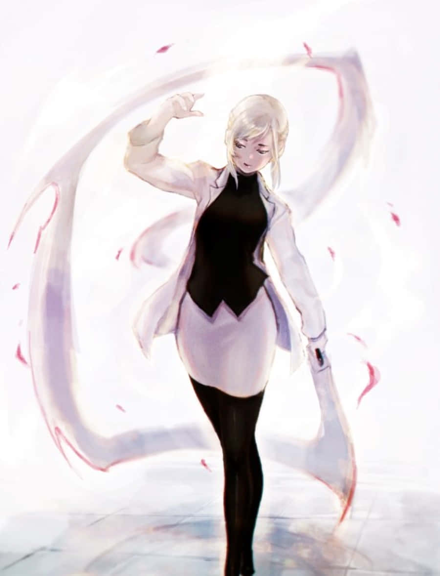 Akira Mado 桌布 壁紙 — 一位銀髮動漫女孩穿著白色外套和黑色服裝，擺出姿勢，周圍環繞著旋轉的粉紅色能量。