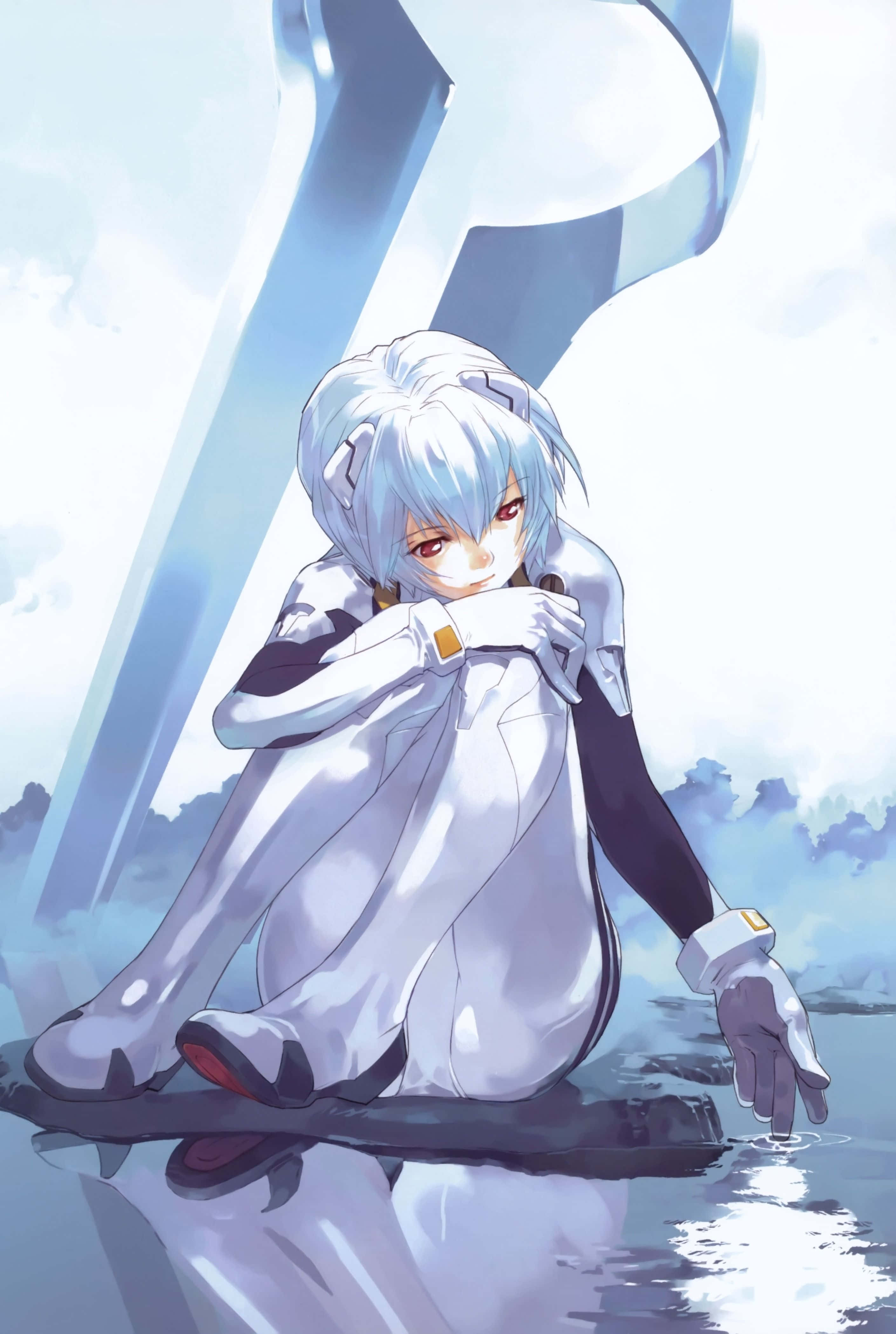 rei ayanami 桌布 壁紙 — 一位銀髮動漫女孩穿著白色外套坐在水邊，用一隻手觸摸水面，身後有一把巨大的藍色劍聳立著。