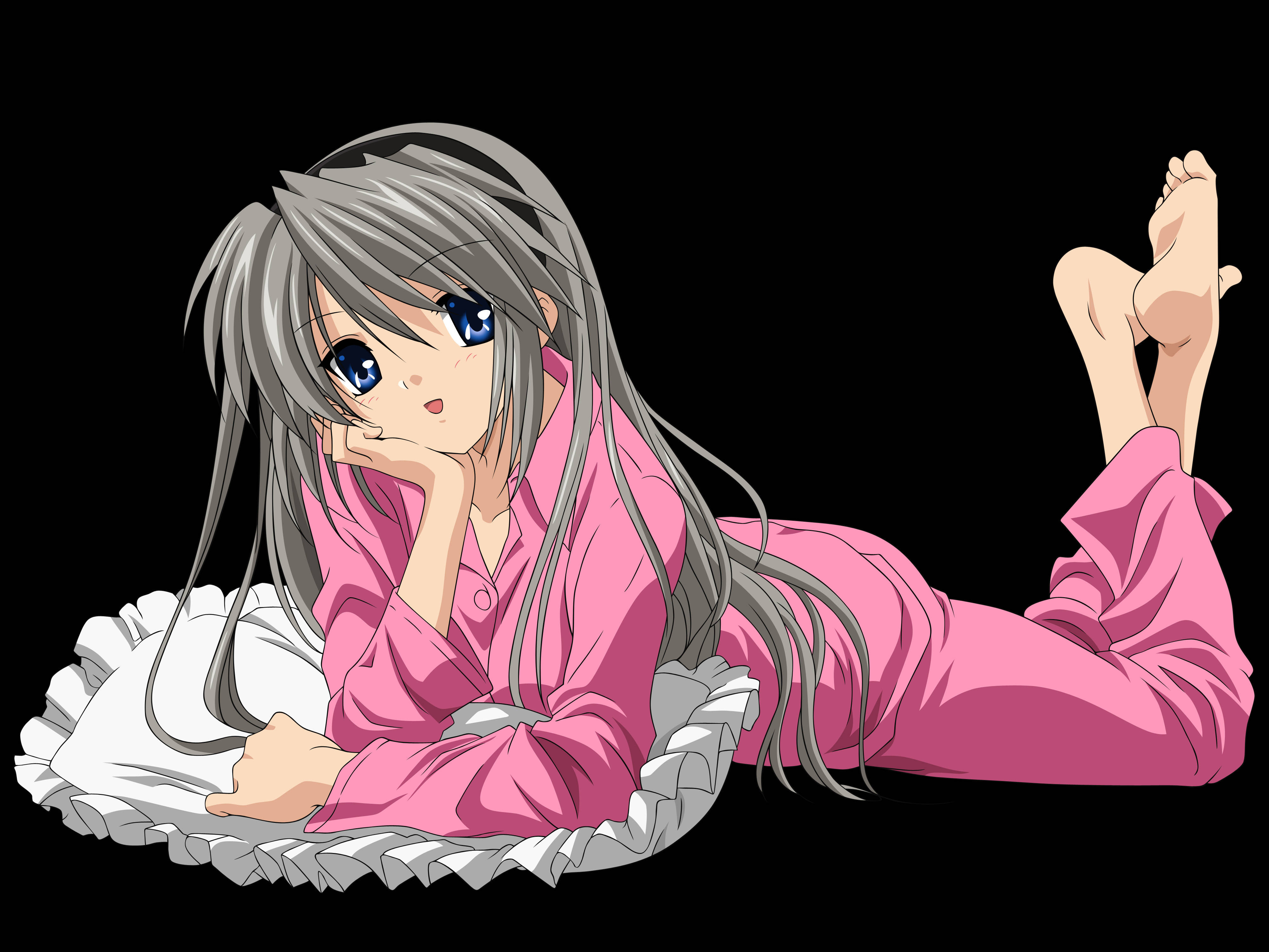 Clannad 桌布 壁紙 — 一位銀髮動漫女孩穿著粉紅色睡衣，在黑色背景的白色荷葉邊枕頭上休息。