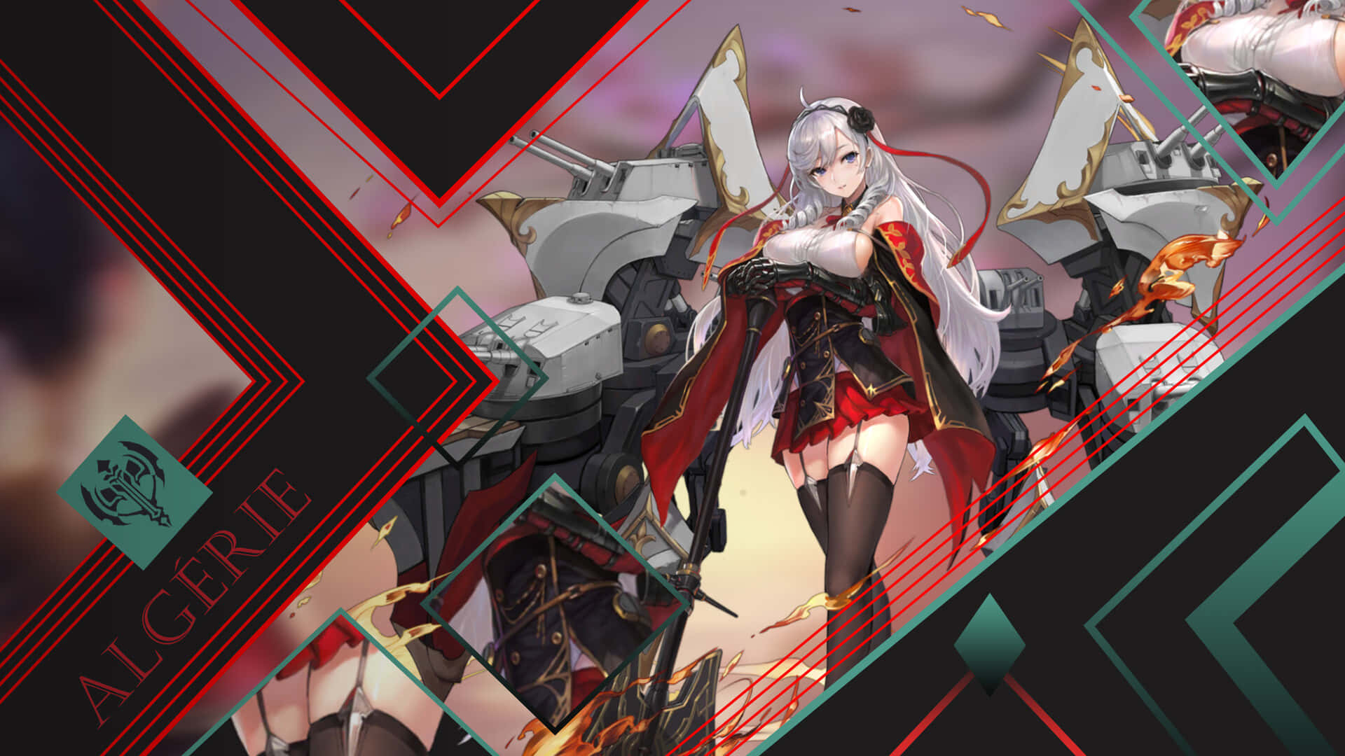 Cool Anime Girl 桌布 壁紙 — 一位銀髮動漫女孩穿著紅黑服裝，自信地站在一艘帶有火焰裝飾的戰艦旁邊，背景為幾何圖案。