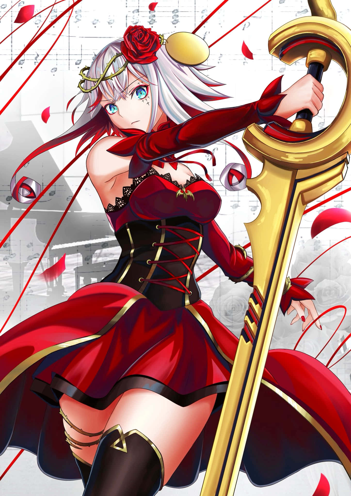 character design 桌布 壁紙 — 一位銀髮動漫女孩穿著紅黑束腰連衣裙，在飄落的玫瑰花瓣和音符中揮舞著金色劍。