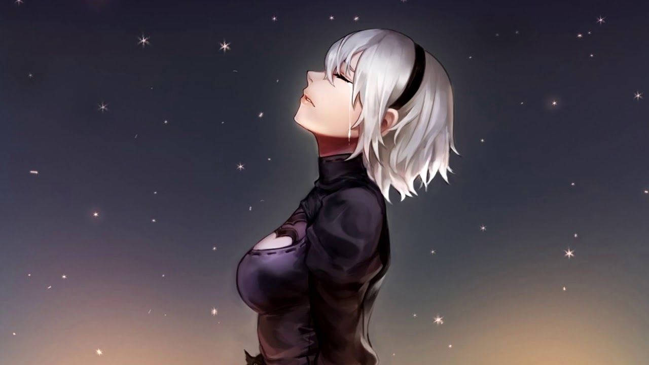 銀發動漫女孩仰望暮色天空中的星星