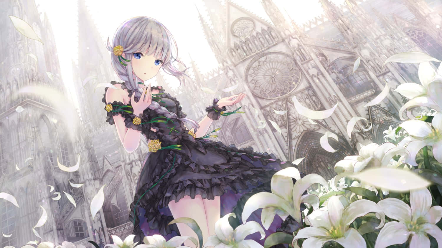 Gothic Fashion 桌布 壁紙 — 一位銀髮動漫女孩穿著黑色花卉洋裝，站在大教堂前飄落的白色百合花中。