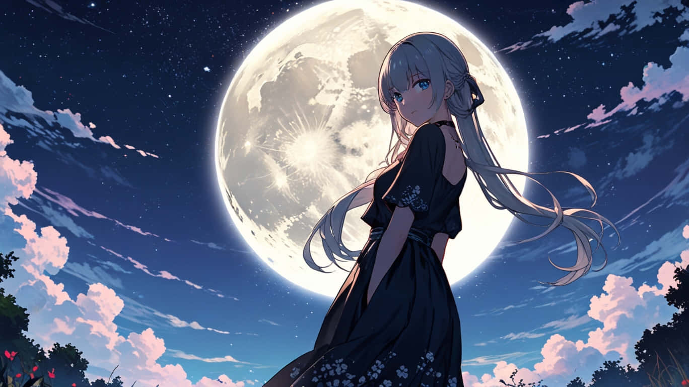 Anime Aesthetic Wallpaper 壁紙 — 一位銀髮動漫女孩穿著黑色花卉連衣裙，站在一輪巨大的發光月亮下，背景是繁星點點的暮色天空和粉紅色的雲彩。