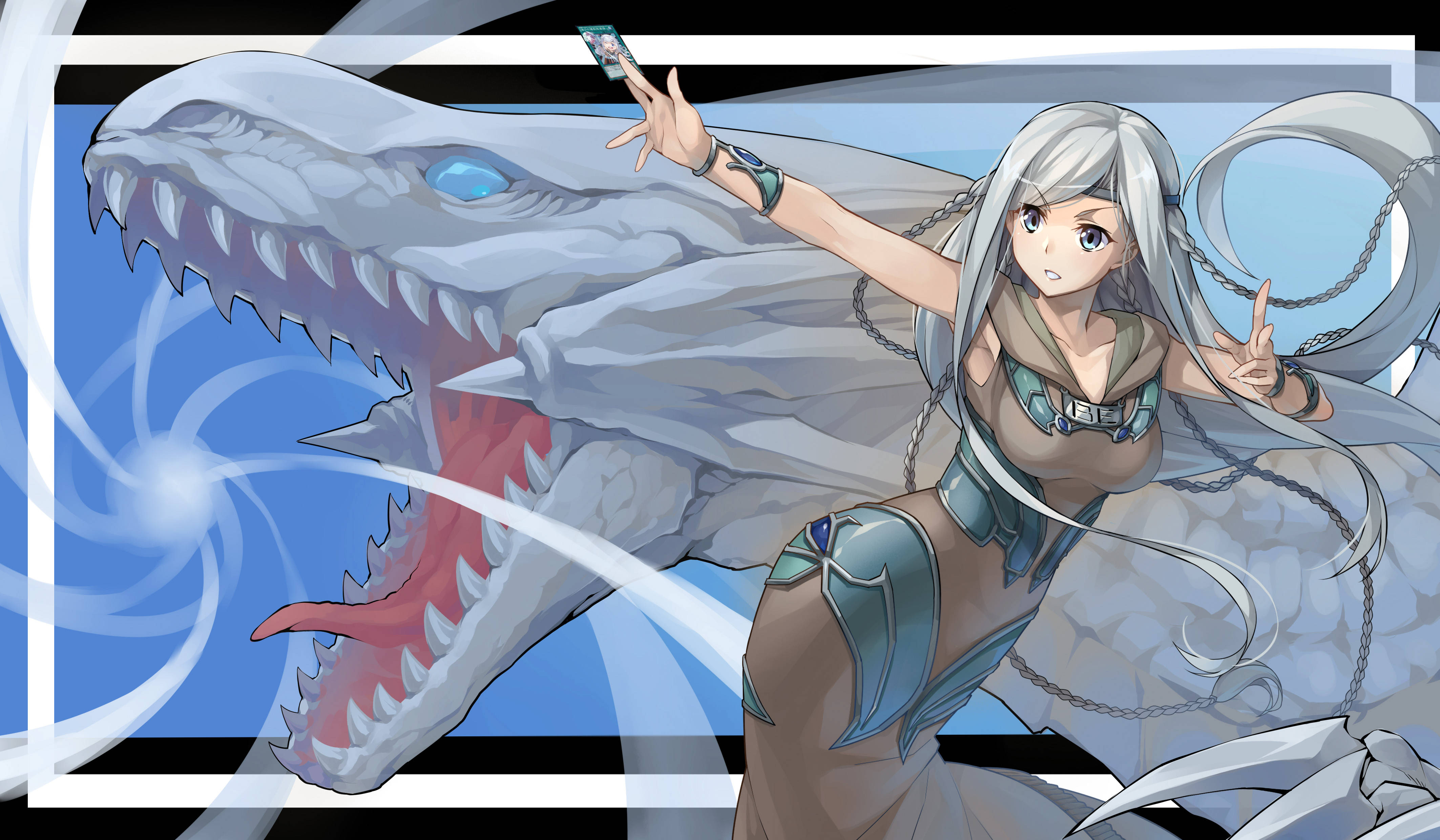 Yugioh 桌布 壁紙 — 一位銀髮動漫女孩自信地站在一隻擁有發光藍眼睛的巨大白龍旁邊，背景是醒目的藍黑條紋。