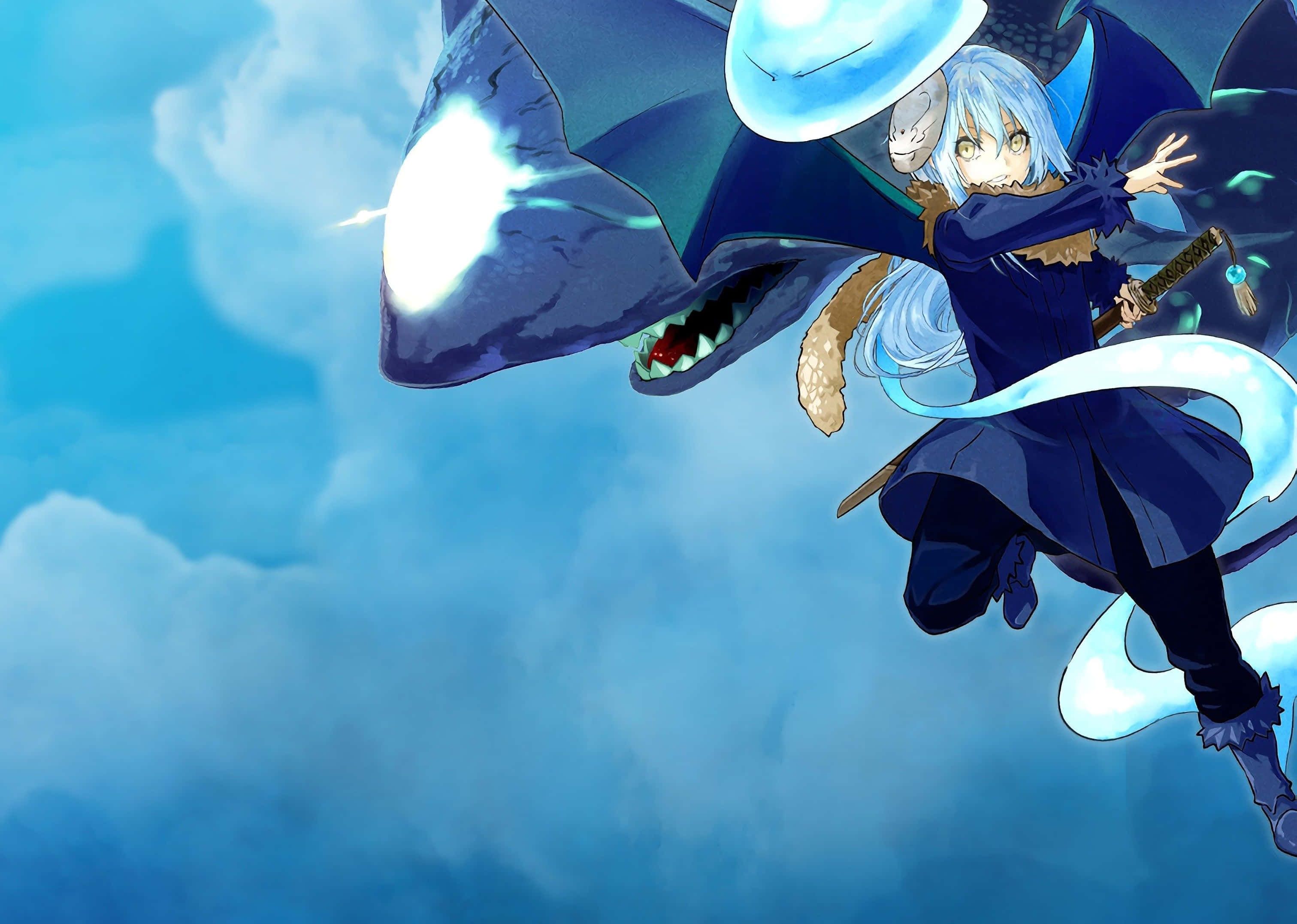 That Time I Got Reincarnated As A Slime 桌布 壁紙 — 一位銀髮動漫女孩身穿深藍色長袍，在多雲的天空下與發光的鯊魚狀怪物戰鬥。