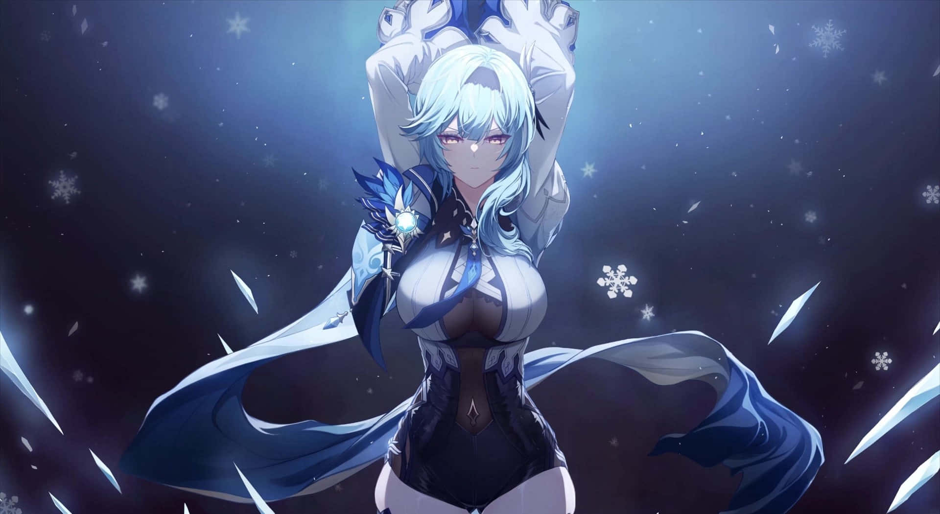 Eula 桌布 壁紙 — 一位銀髮動漫女孩身穿藍白服裝，站在星空下飄落的雪花和冰晶之中。