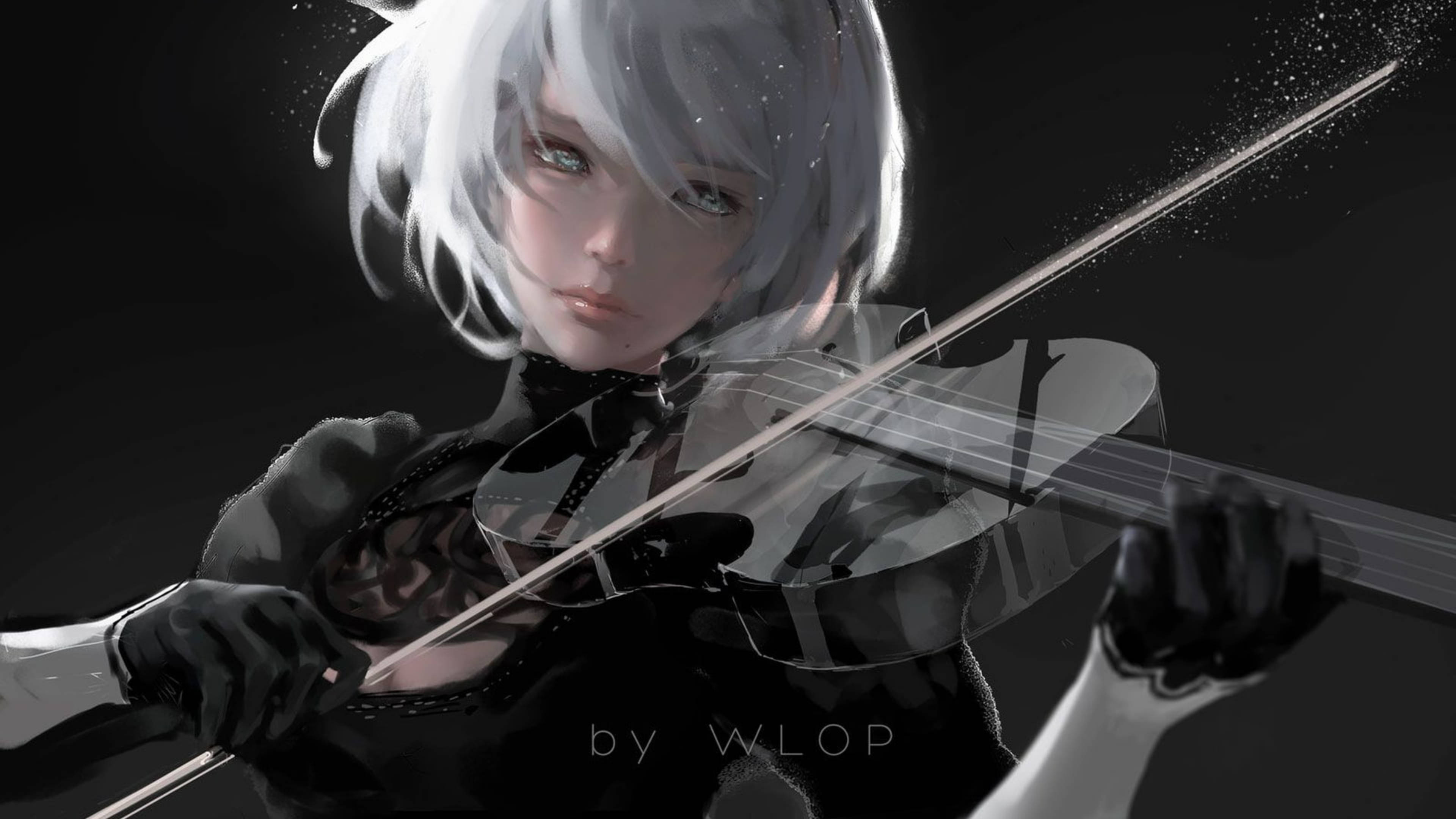 Nier 桌布 壁紙 — 一位銀髮動漫女孩身穿黑色服裝，在黑暗背景下專注地拉小提琴。