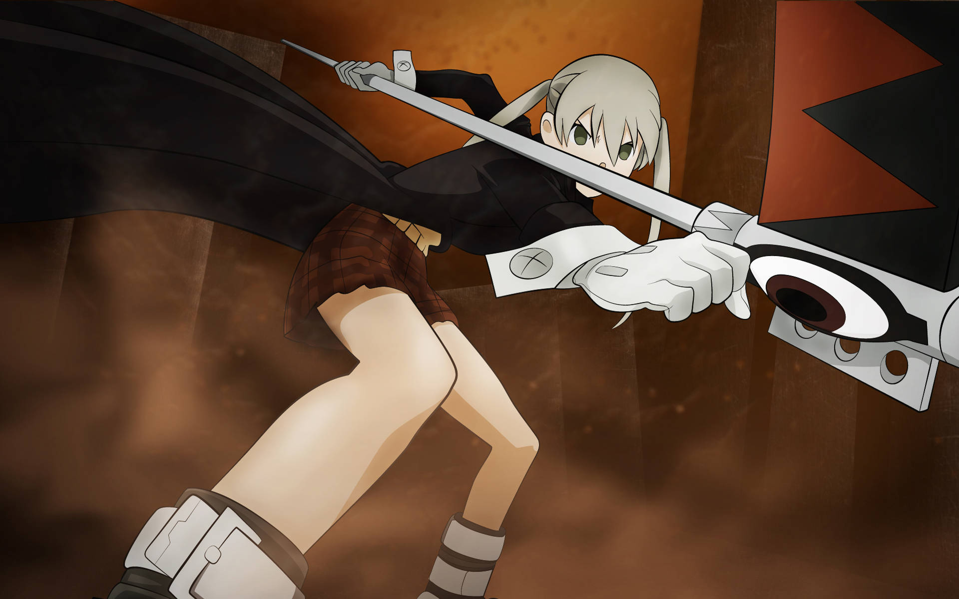 Soul Eater Characters 桌布 壁紙 — 一位銀髮動漫女孩身穿黑色服裝，在灰塵瀰漫的棕色環境中揮舞著一把帶有機械盾牌的大劍。