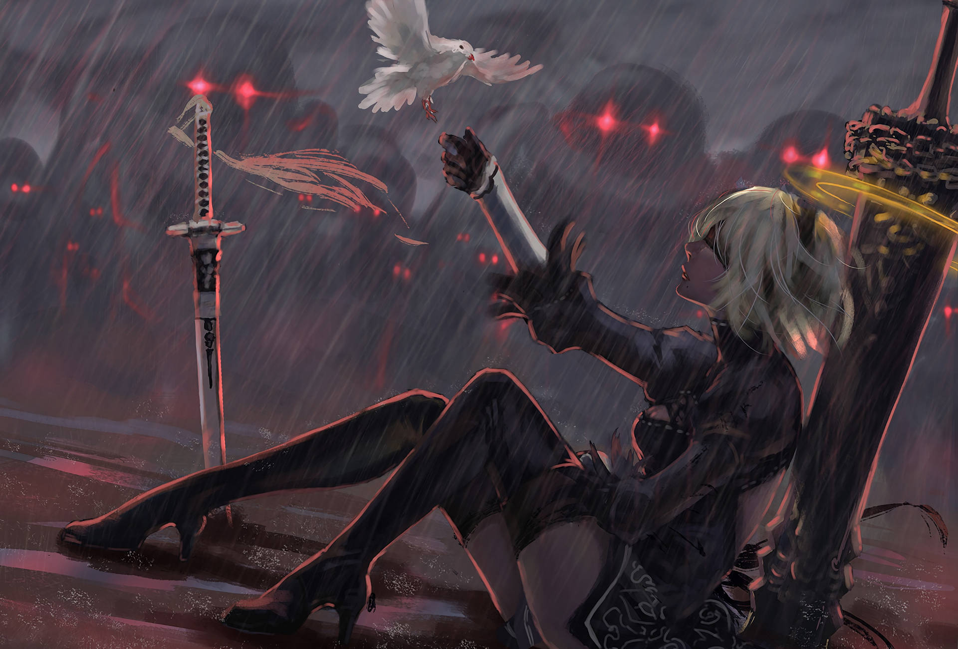 黑色盔甲動漫女孩在雨中暗紅色發光場景中抱著白鴿。 — 尼爾 自動人形 GIF 壁紙