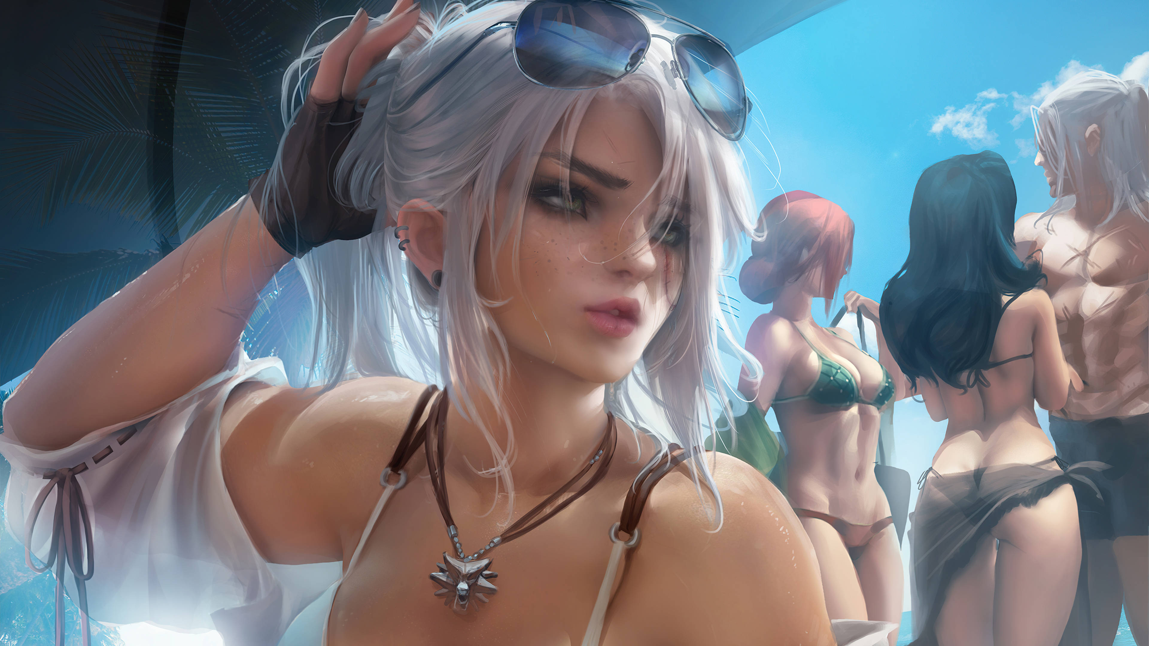witcher 4K 桌布 壁紙 — 一位銀髮動漫女性穿著比基尼和太陽眼鏡，在陽光明媚的海灘派對上與朋友自信地擺姿勢。